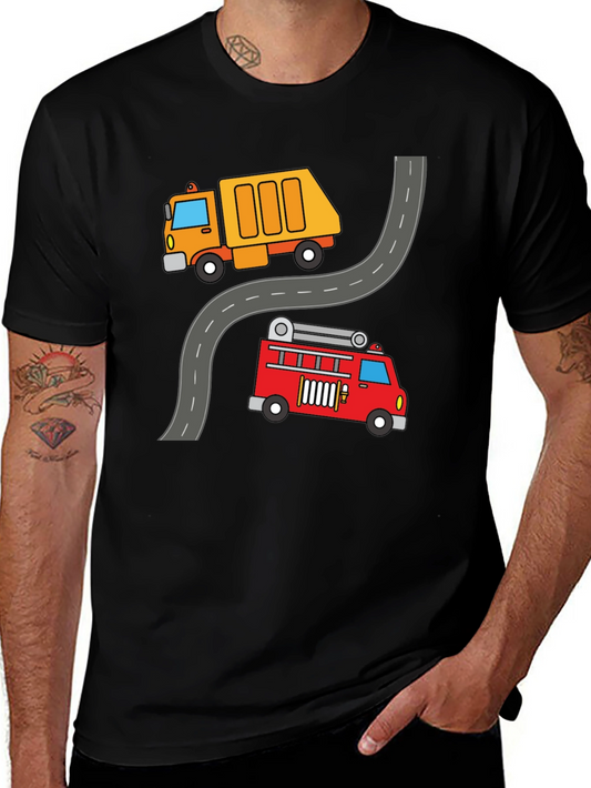 Cartoon Truck & Fire Engine Black T-Shirt