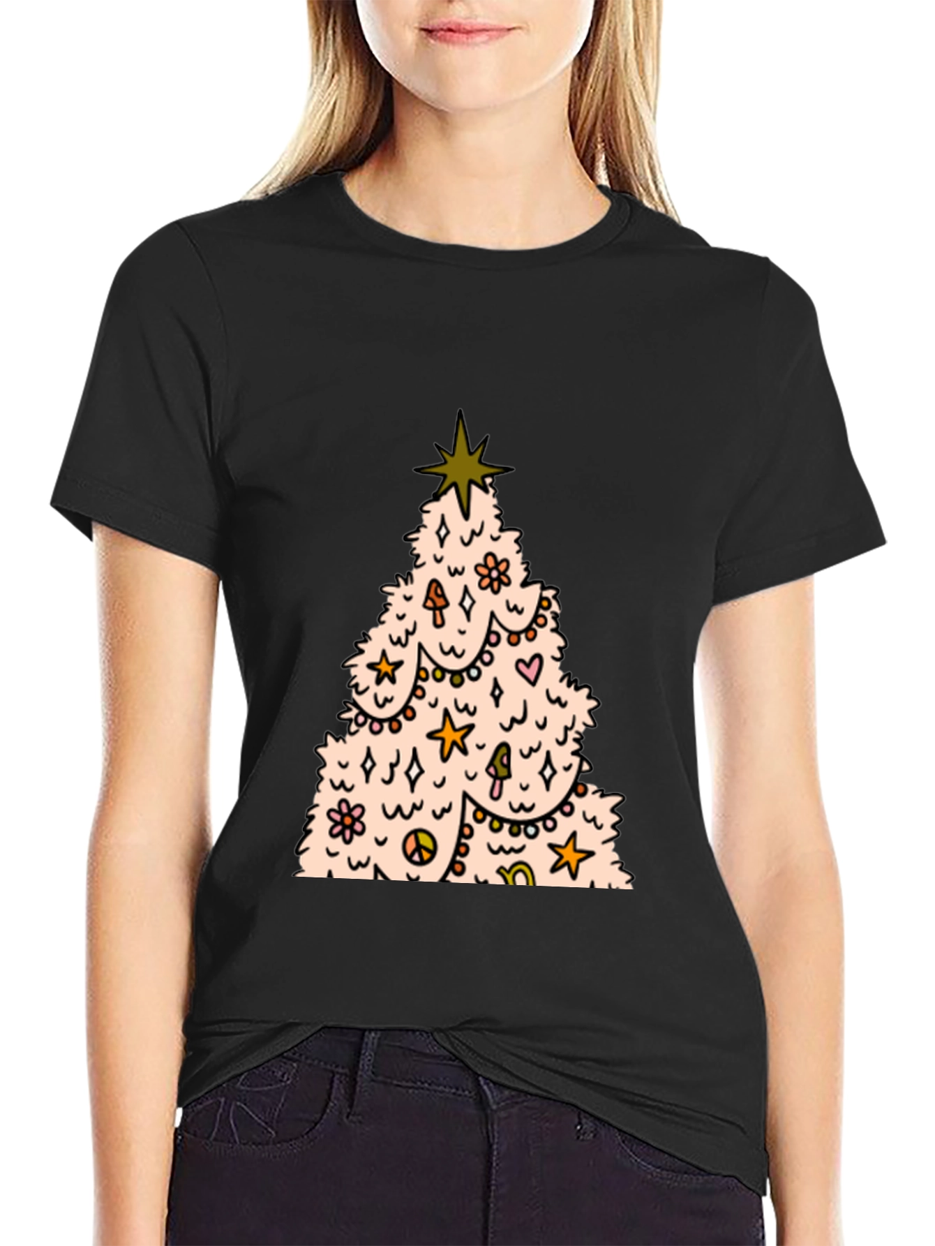 Retro Christmas Tree Graphic Tee - Black