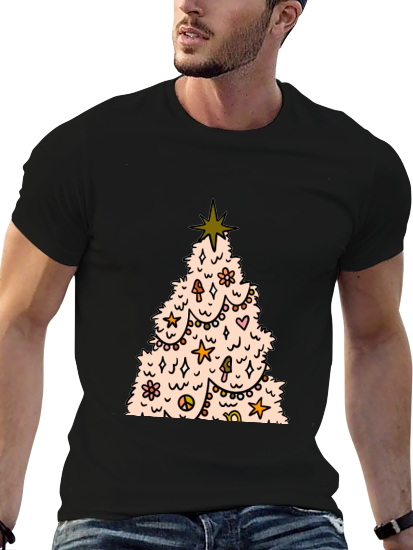 Retro Christmas Tree Graphic Tee - Black