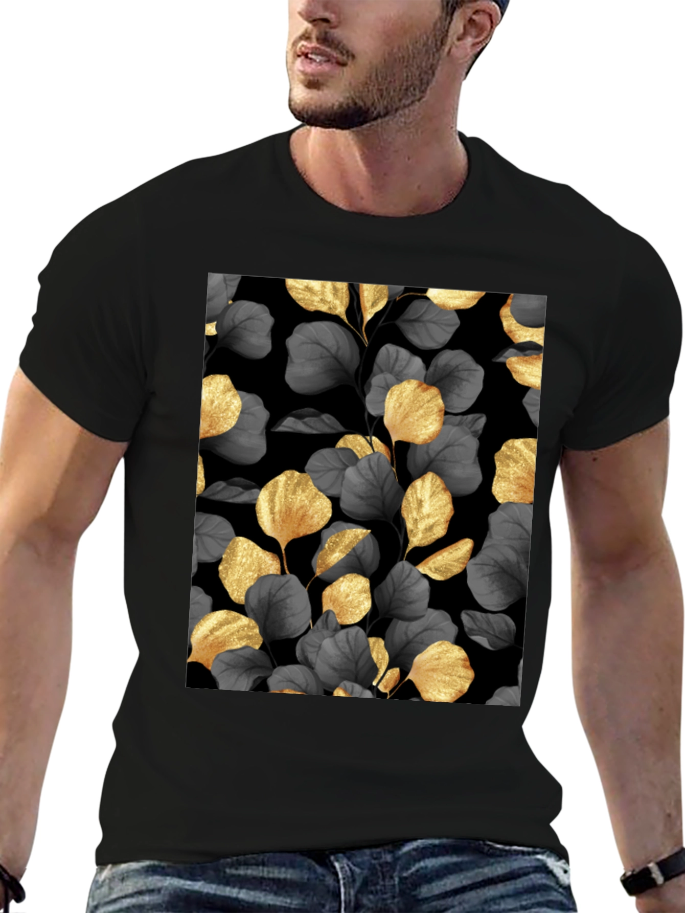 Elegant Gold Leaf Print Black T-Shirt