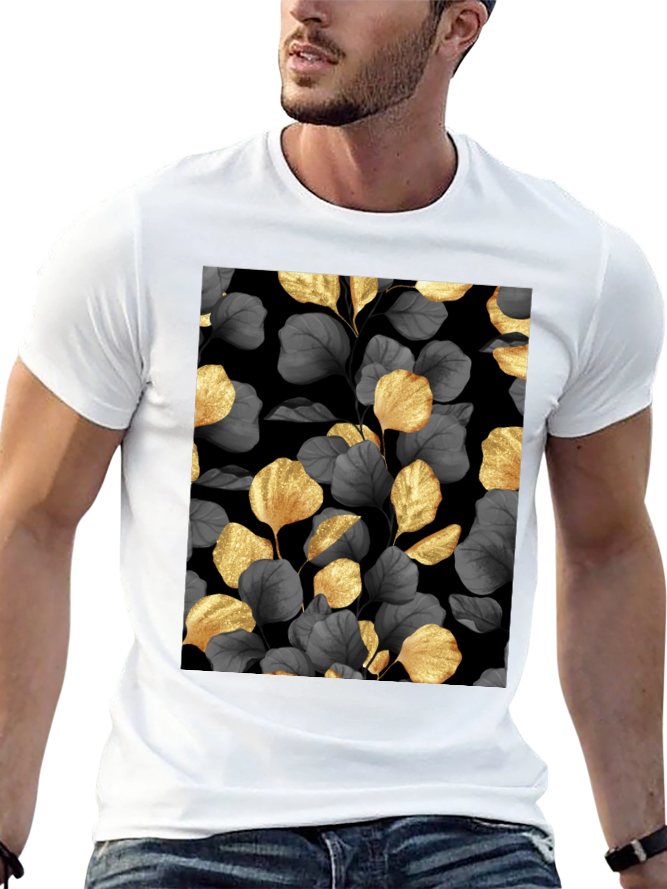 Elegant Gold Leaf Print Black T-Shirt