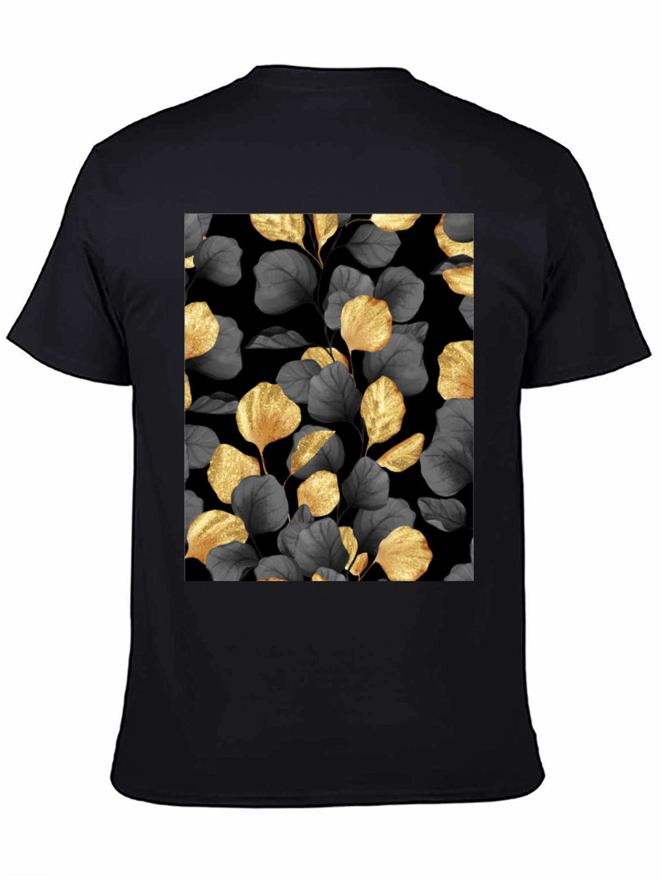 Elegant Gold Leaf Print Black T-Shirt