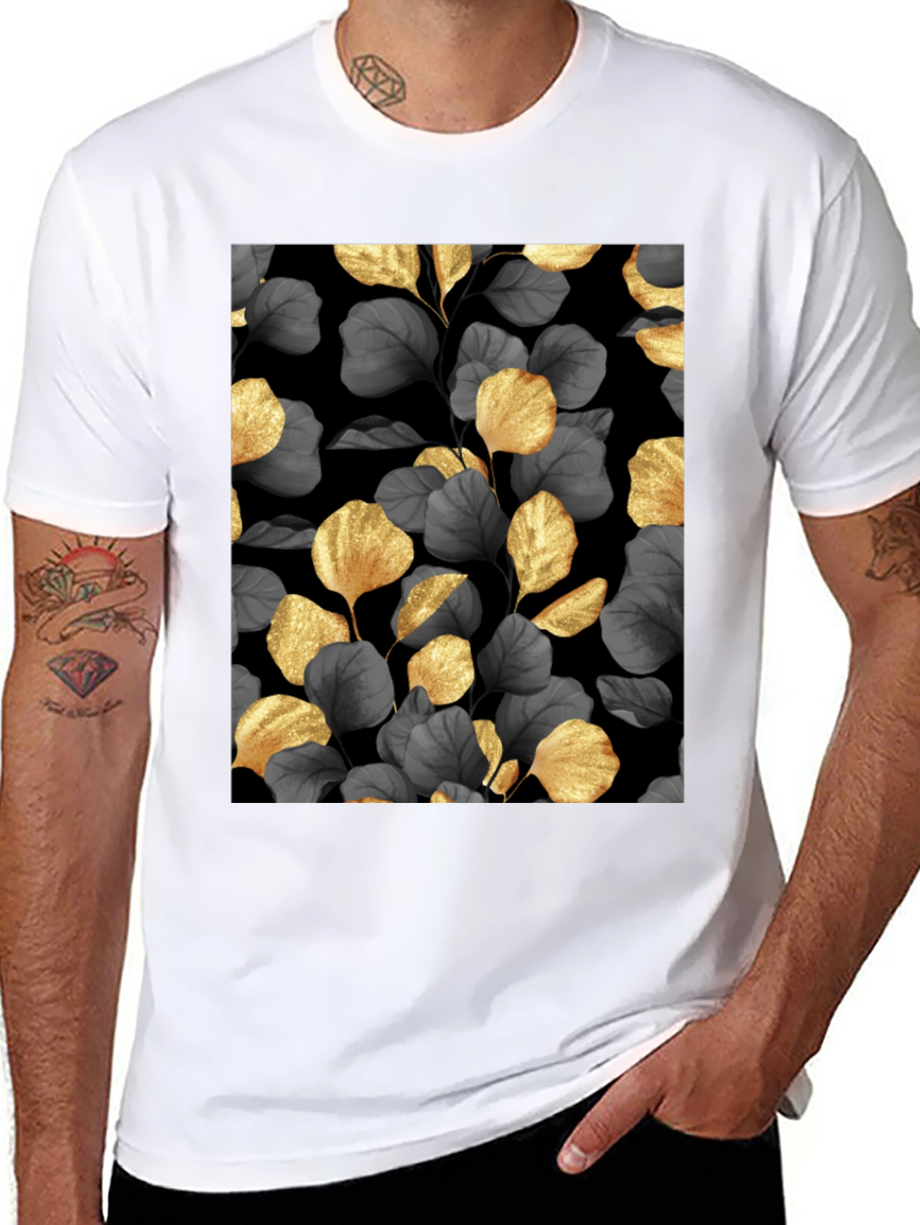 Elegant Gold Leaf Print Black T-Shirt