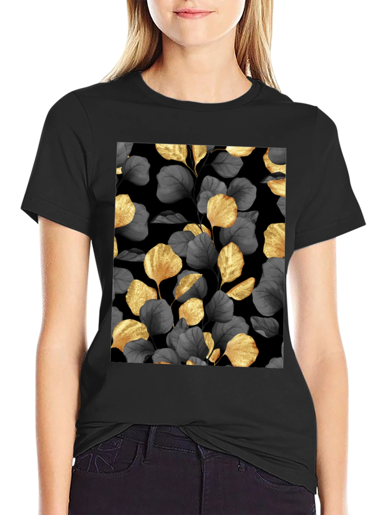 Elegant Gold Leaf Print Black T-Shirt