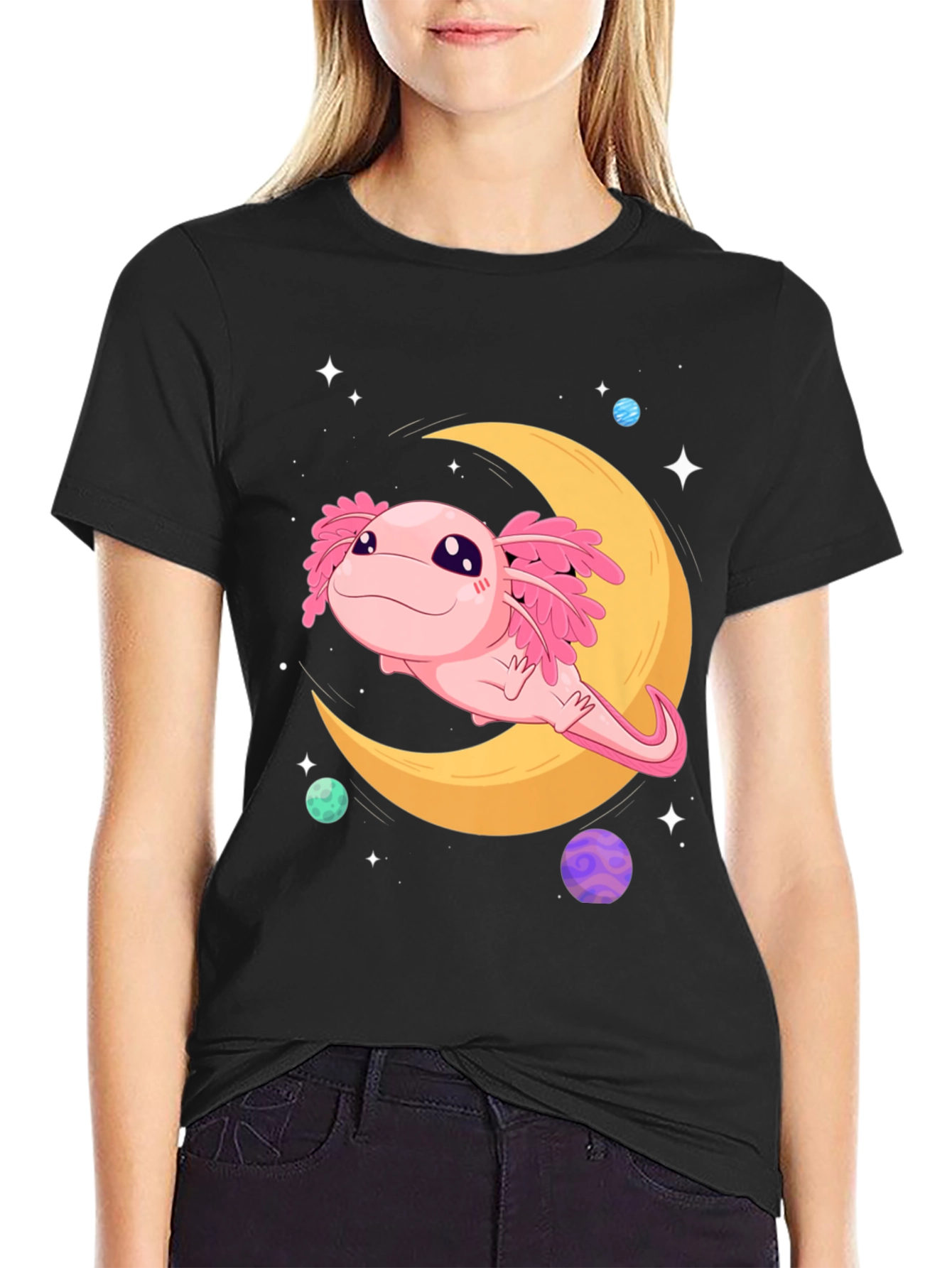 Axolotl Moon T-Shirt - Cute Space Design