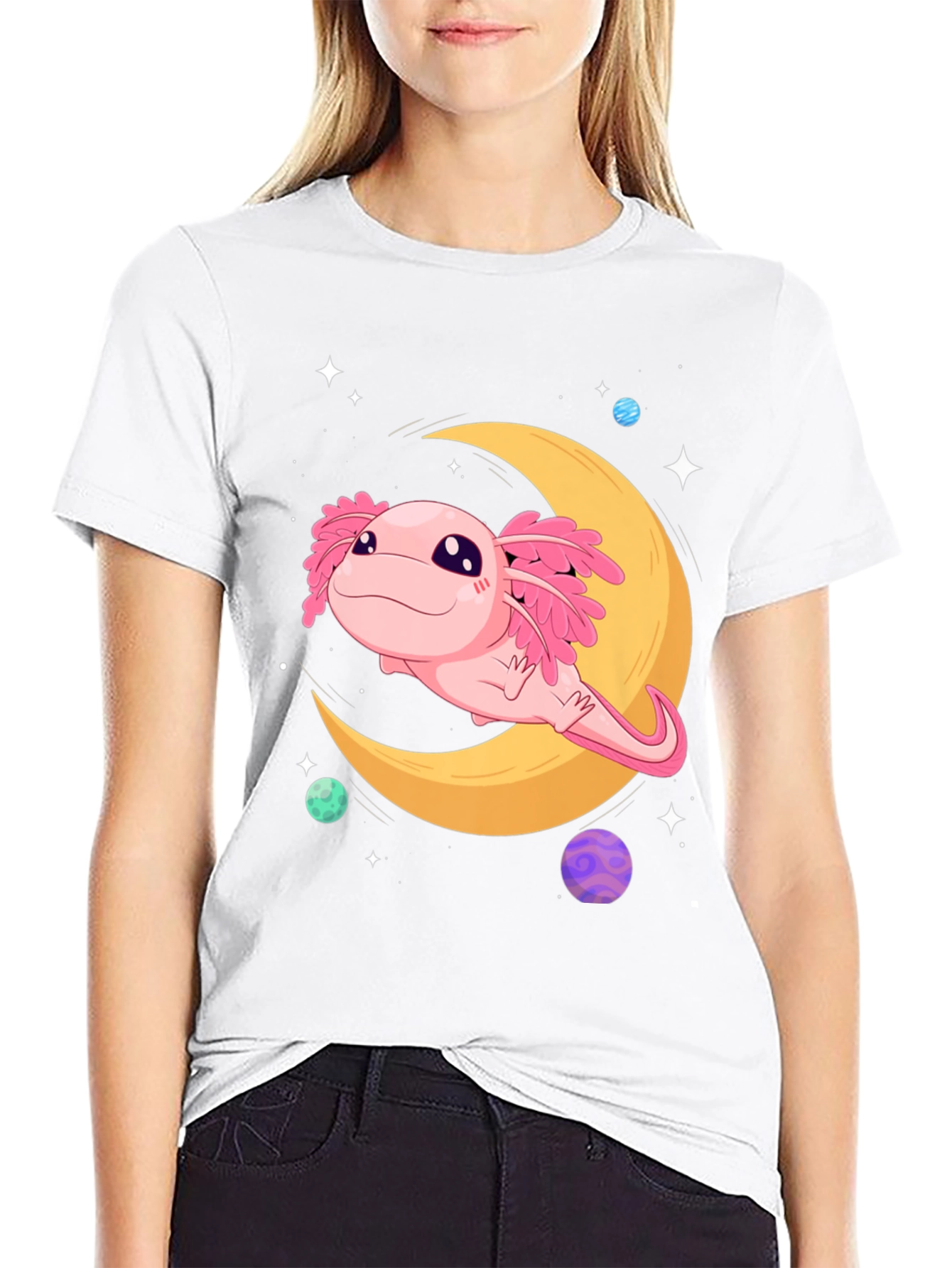 Axolotl Moon T-Shirt - Cute Space Design