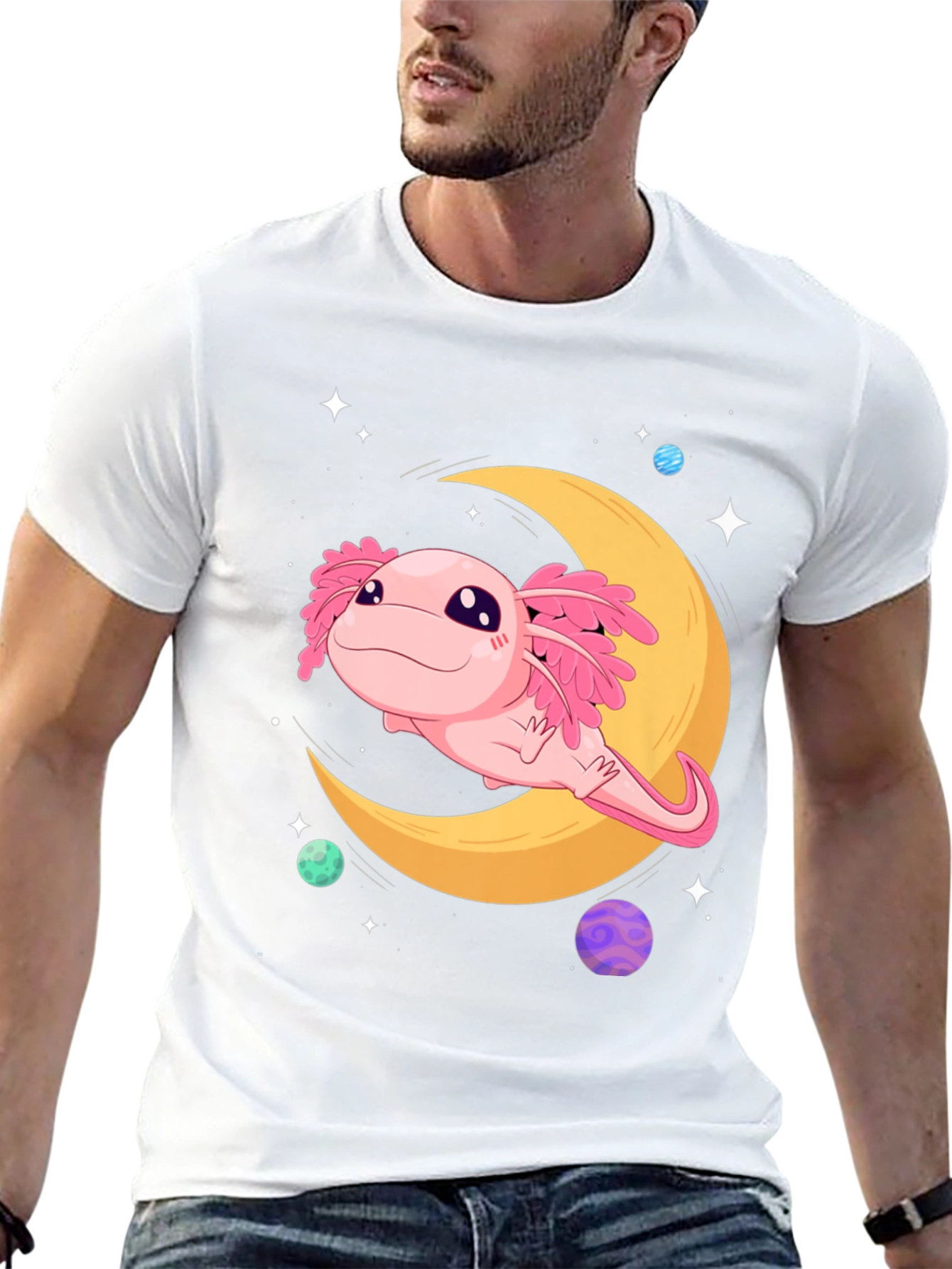 Axolotl Moon T-Shirt - Cute Space Design