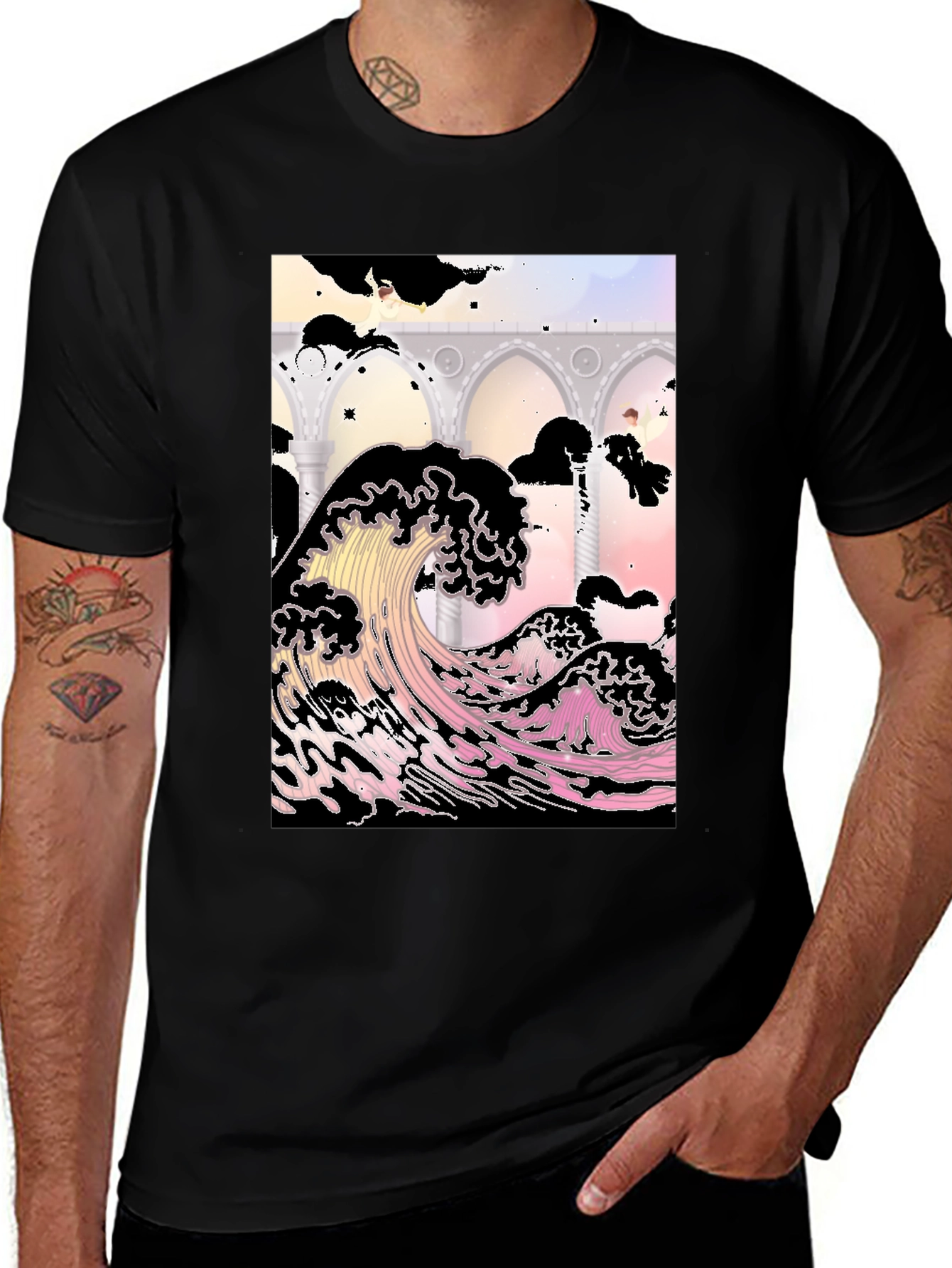 Ukiyo-e Wave Graphic Tee - Black Cotton T-Shirt
