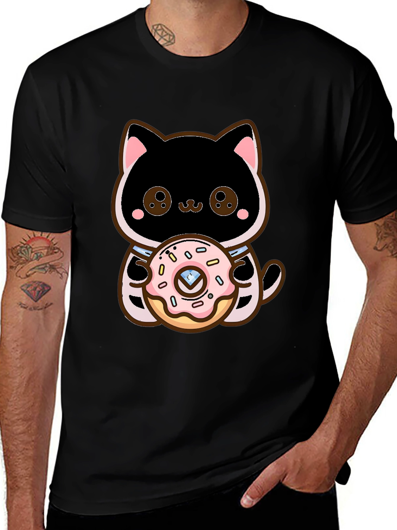 Cute Cat Holding Donut Graphic T-Shirt