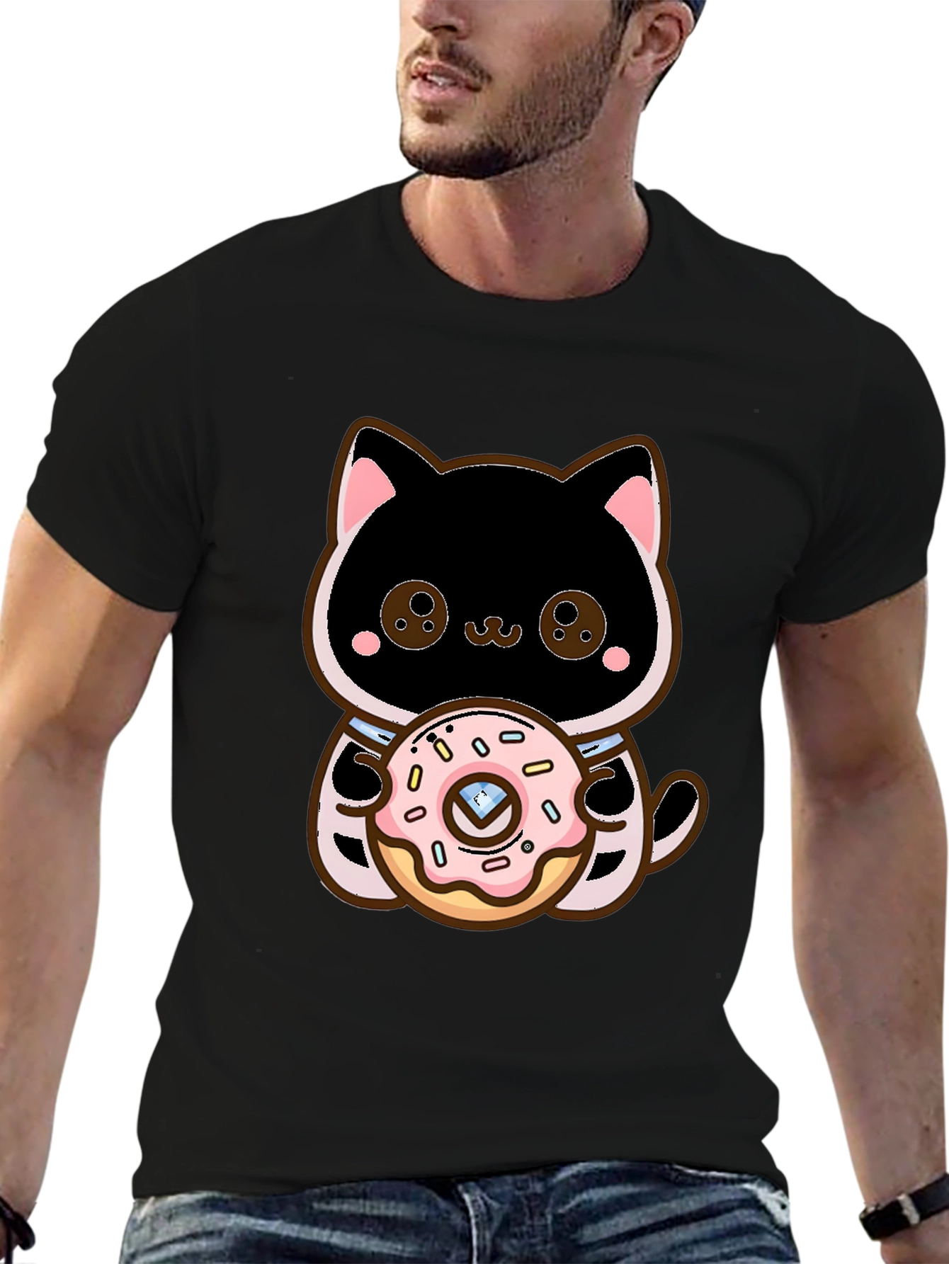 Cute Cat Holding Donut Graphic T-Shirt