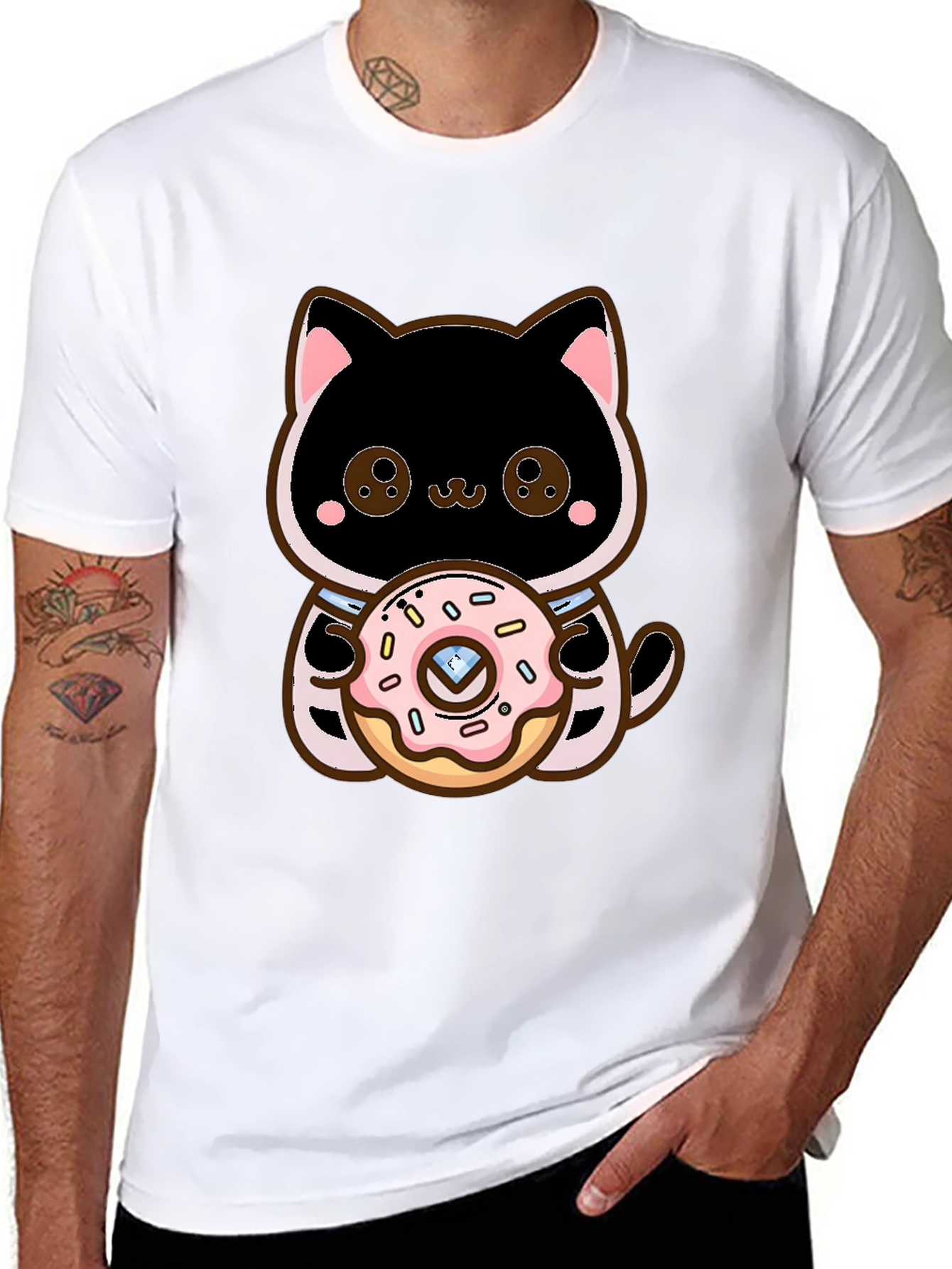 Cute Cat Holding Donut Graphic T-Shirt