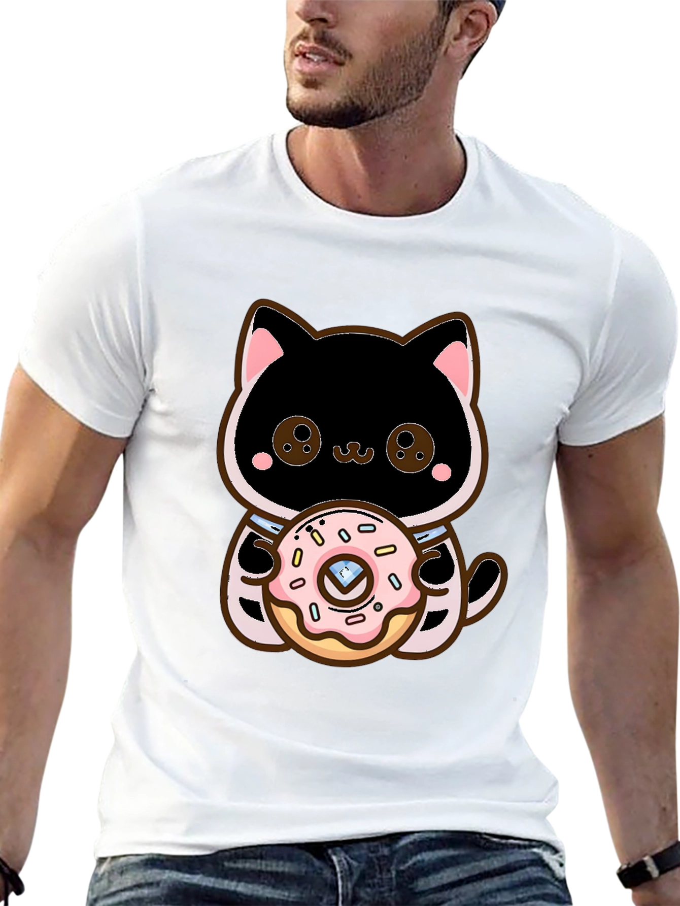 Cute Cat Holding Donut Graphic T-Shirt
