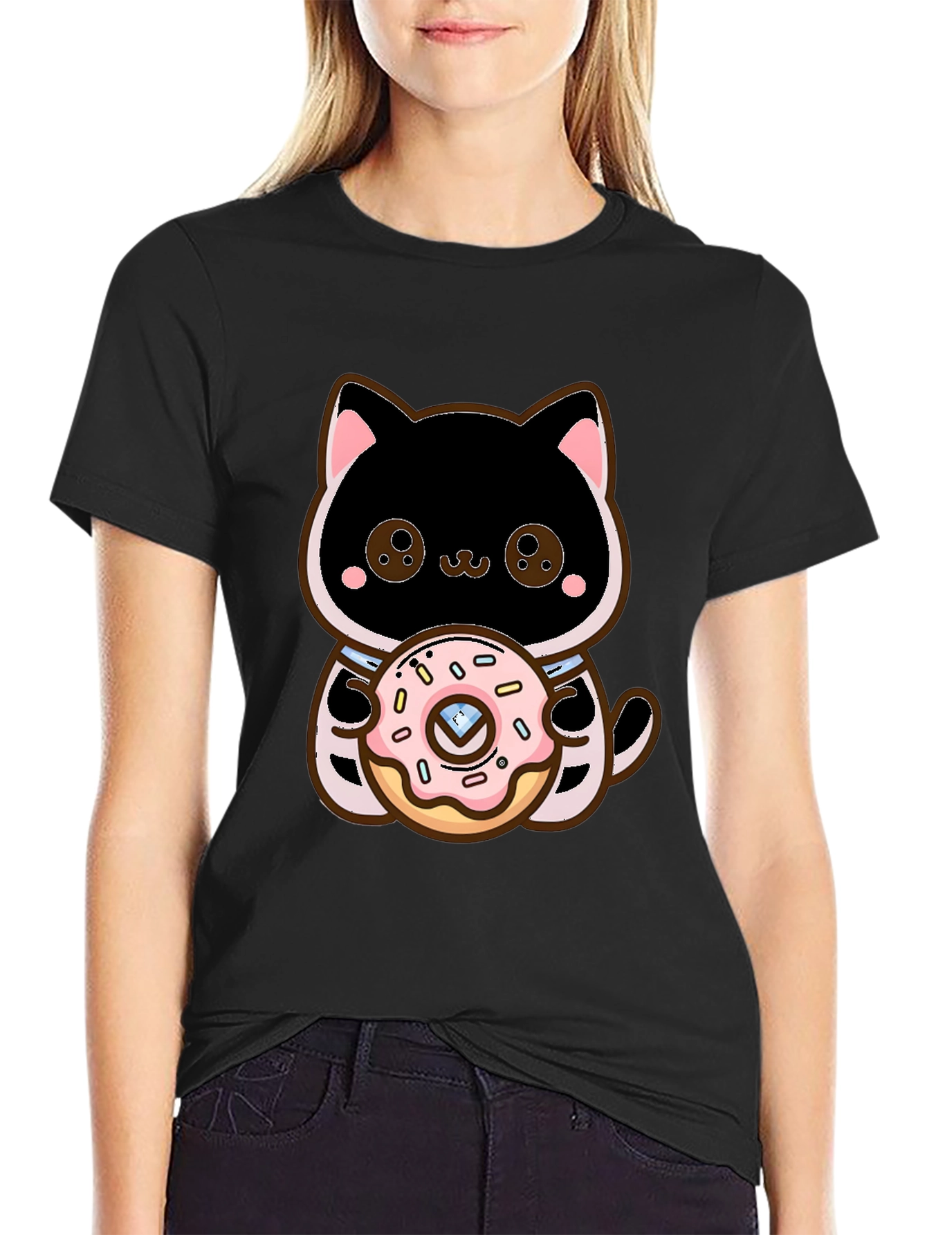 Cute Cat Holding Donut Graphic T-Shirt