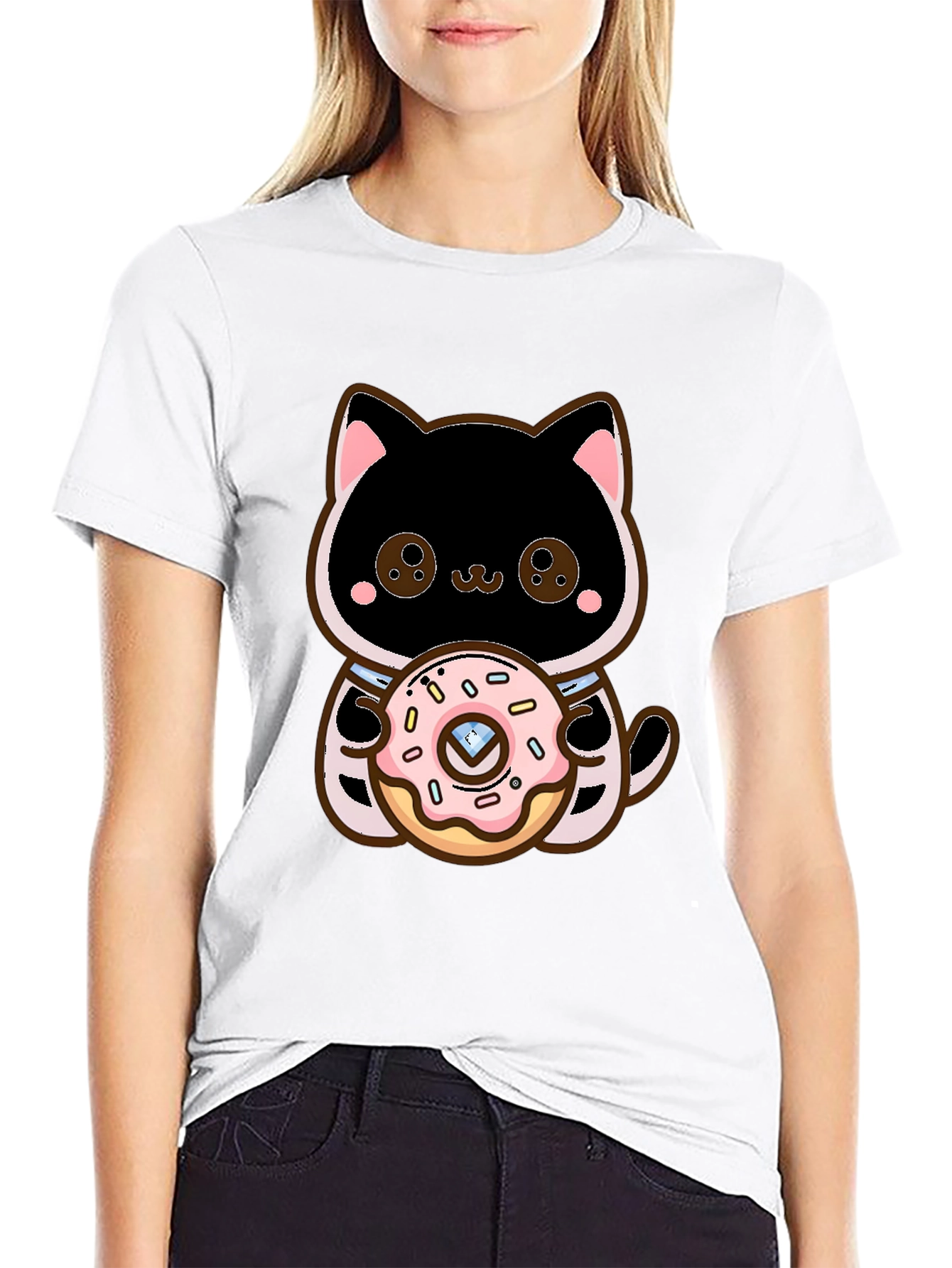 Cute Cat Holding Donut Graphic T-Shirt