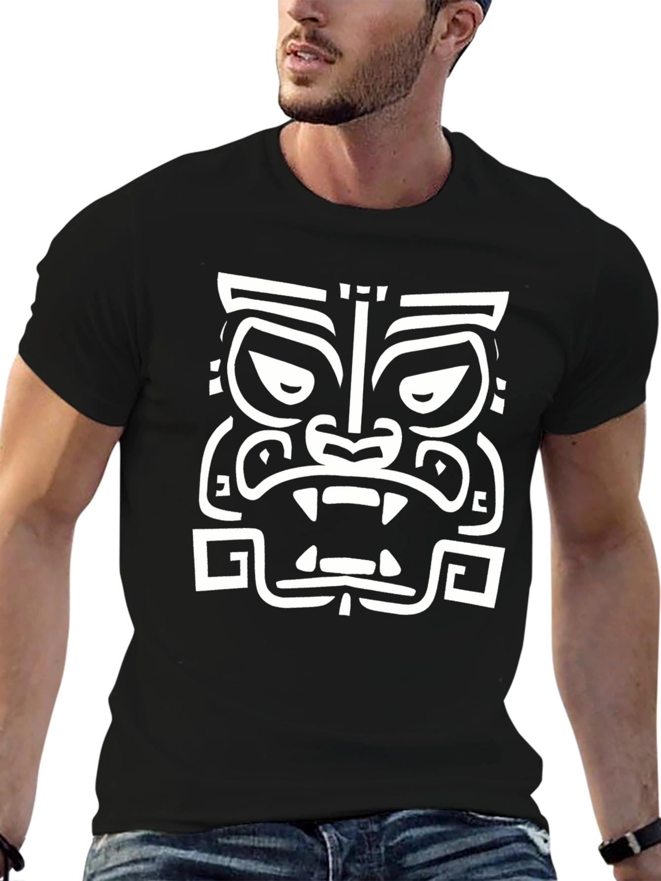 Tribal Mask Graphic T-Shirt - Casual Black Tee