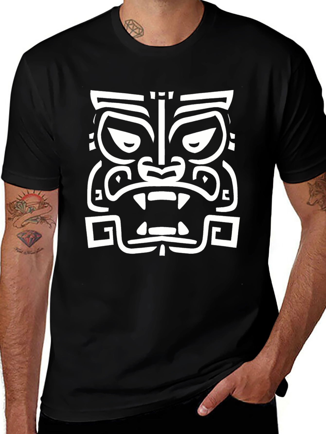 Tribal Mask Graphic T-Shirt - Casual Black Tee