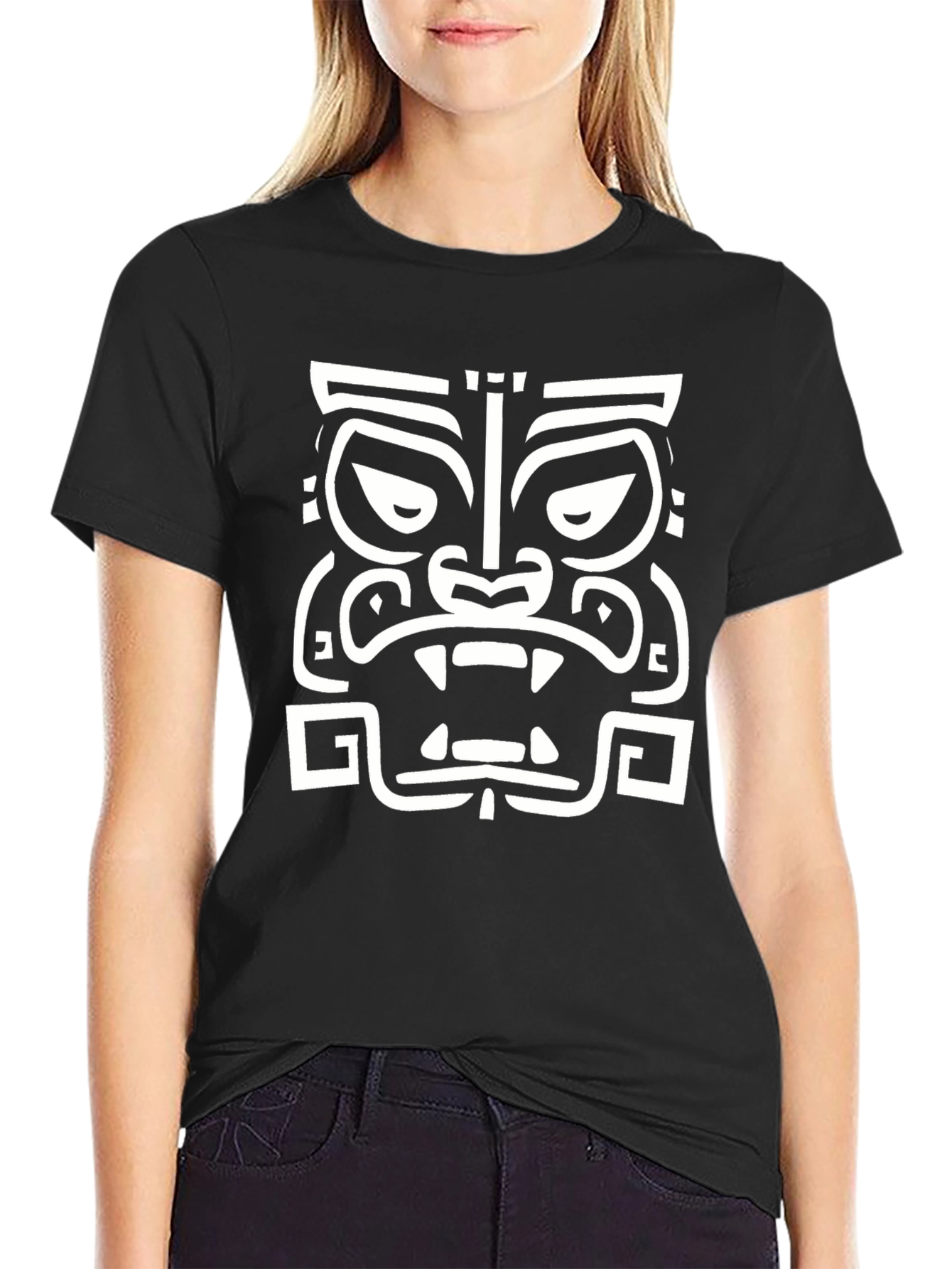 Tribal Mask Graphic T-Shirt - Casual Black Tee