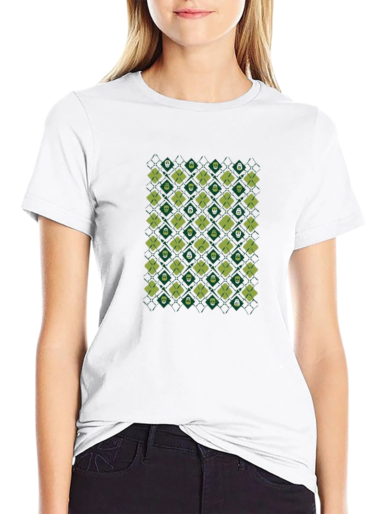 Skull & Clover Pattern Black T-Shirt