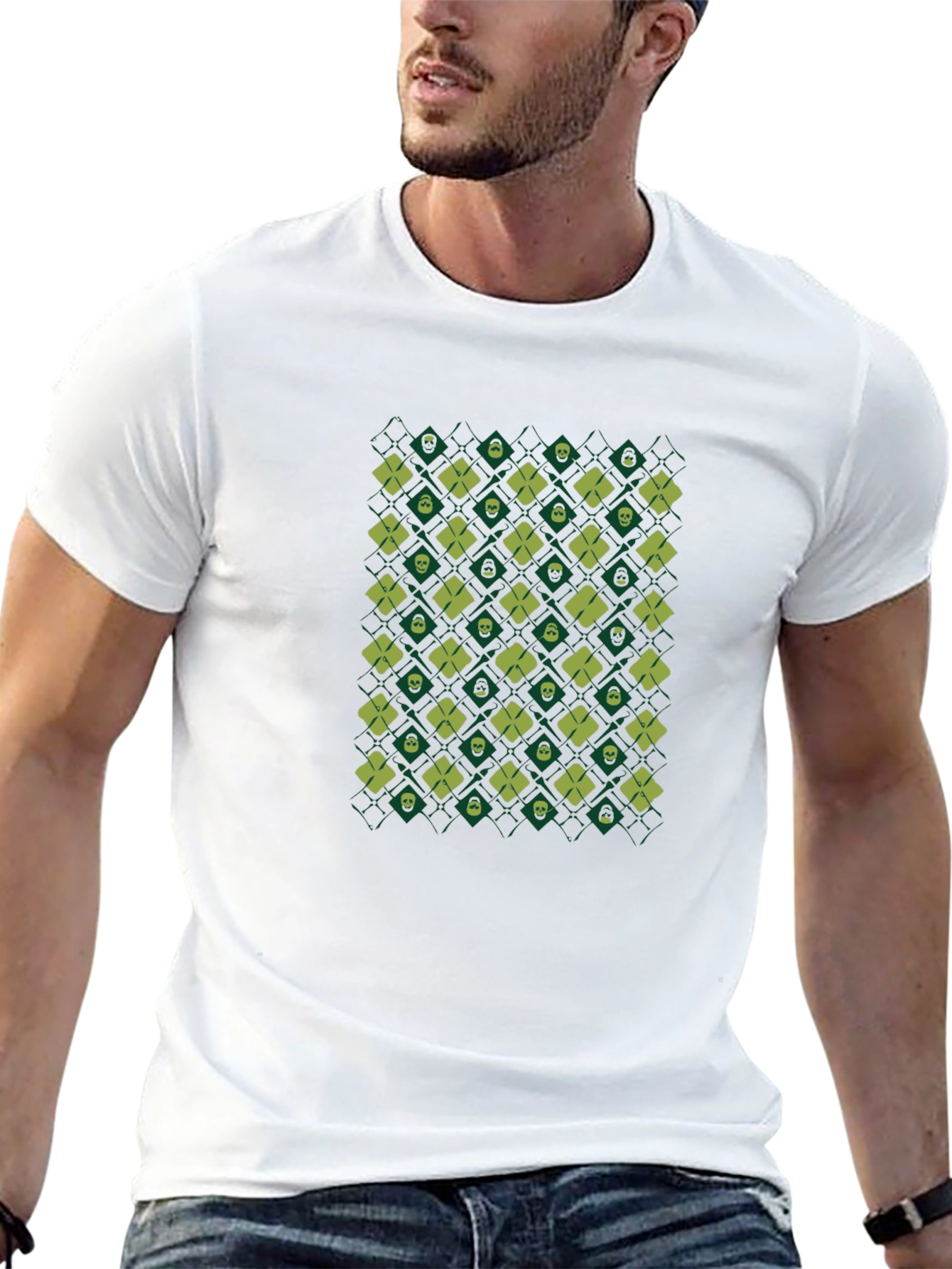 Skull & Clover Pattern Black T-Shirt