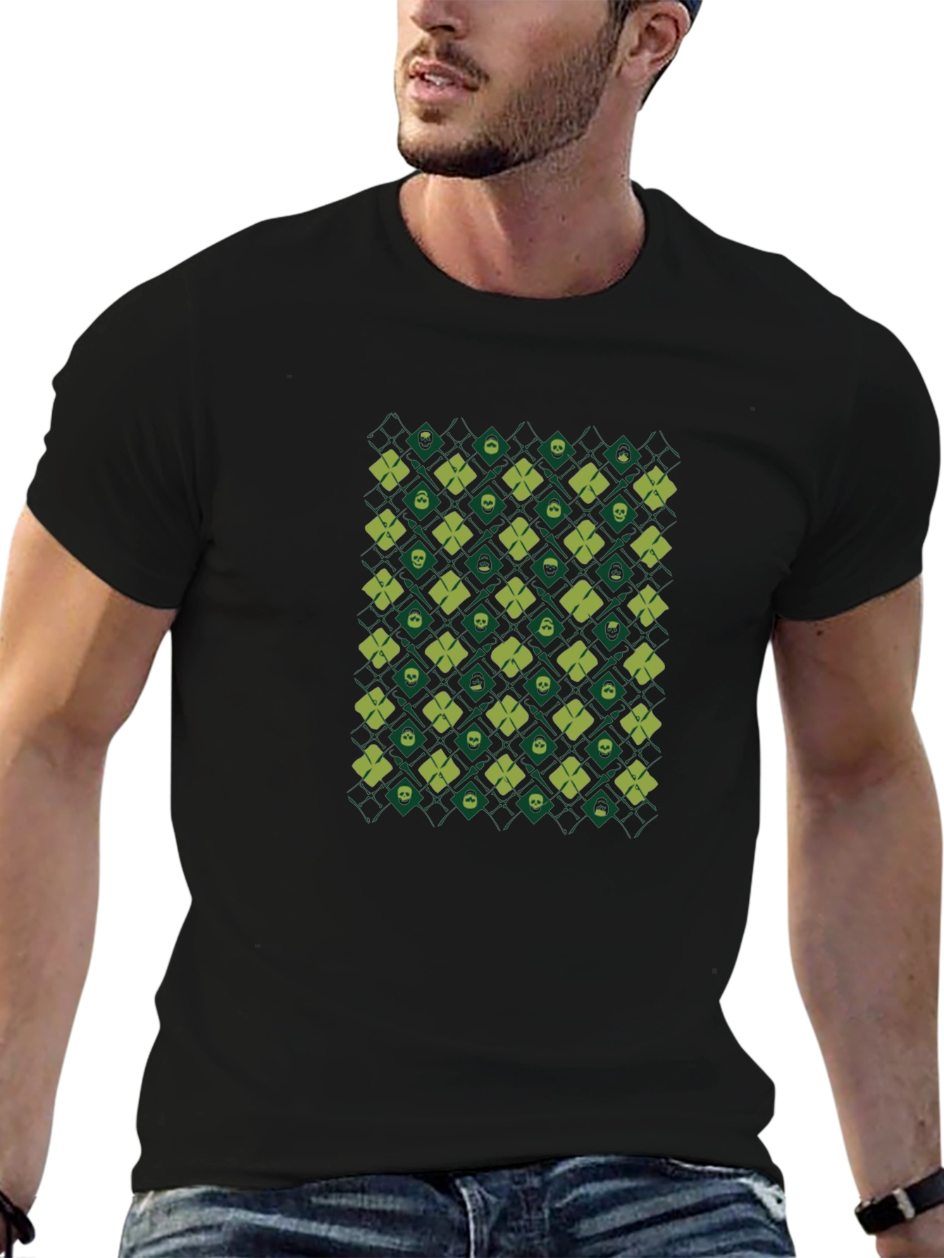 Skull & Clover Pattern Black T-Shirt