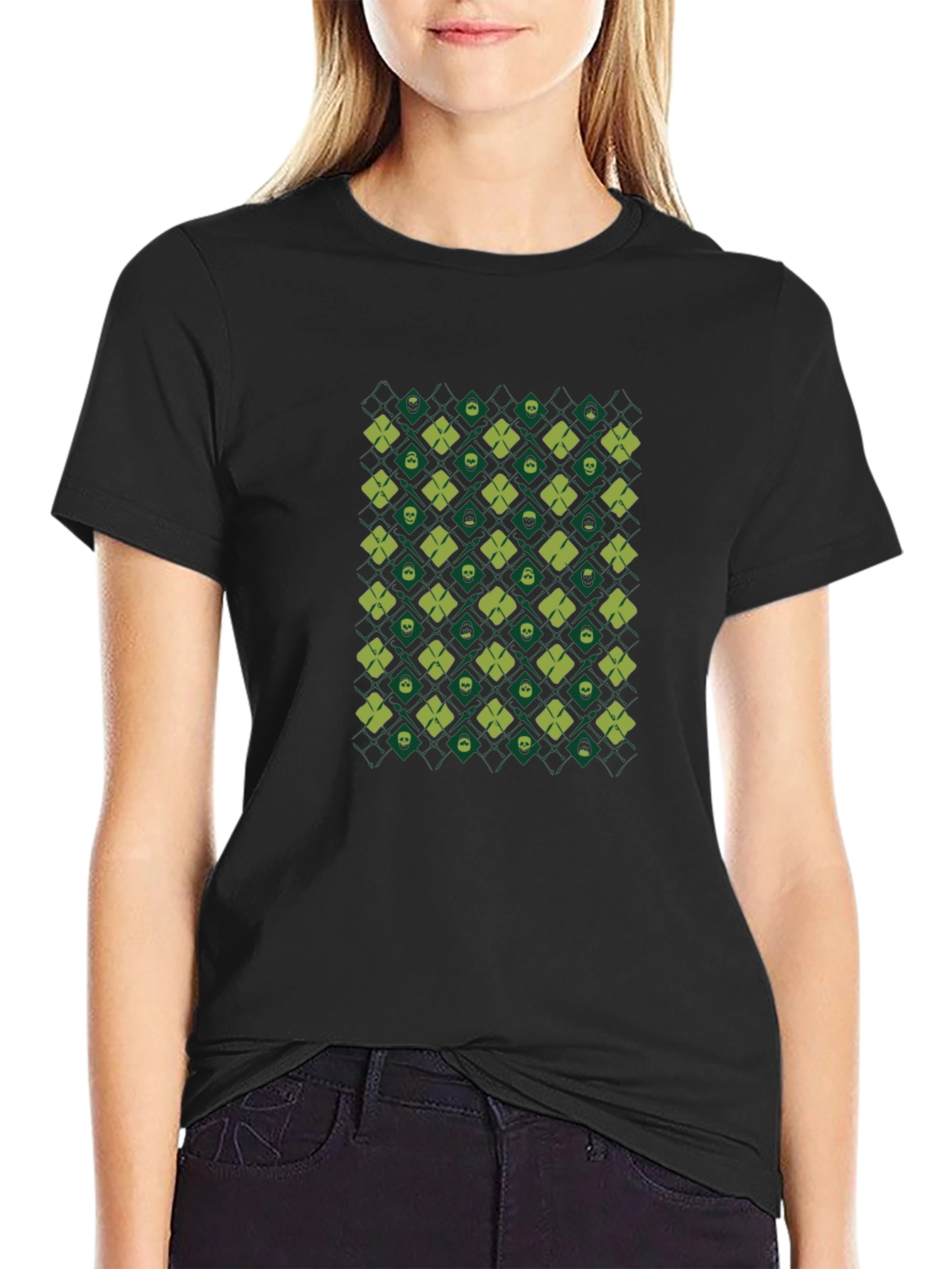 Skull & Clover Pattern Black T-Shirt
