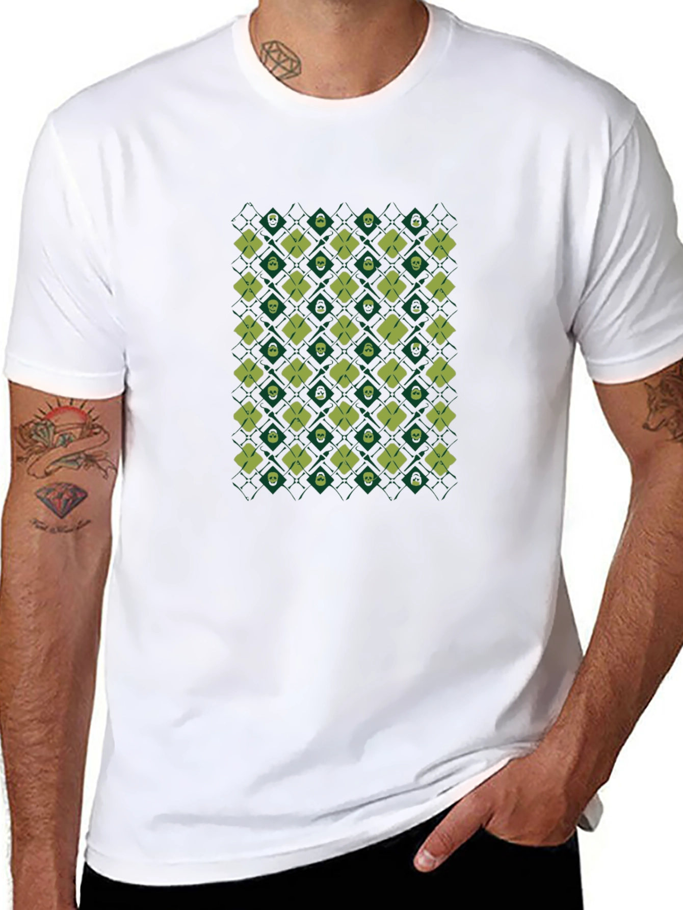 Skull & Clover Pattern Black T-Shirt