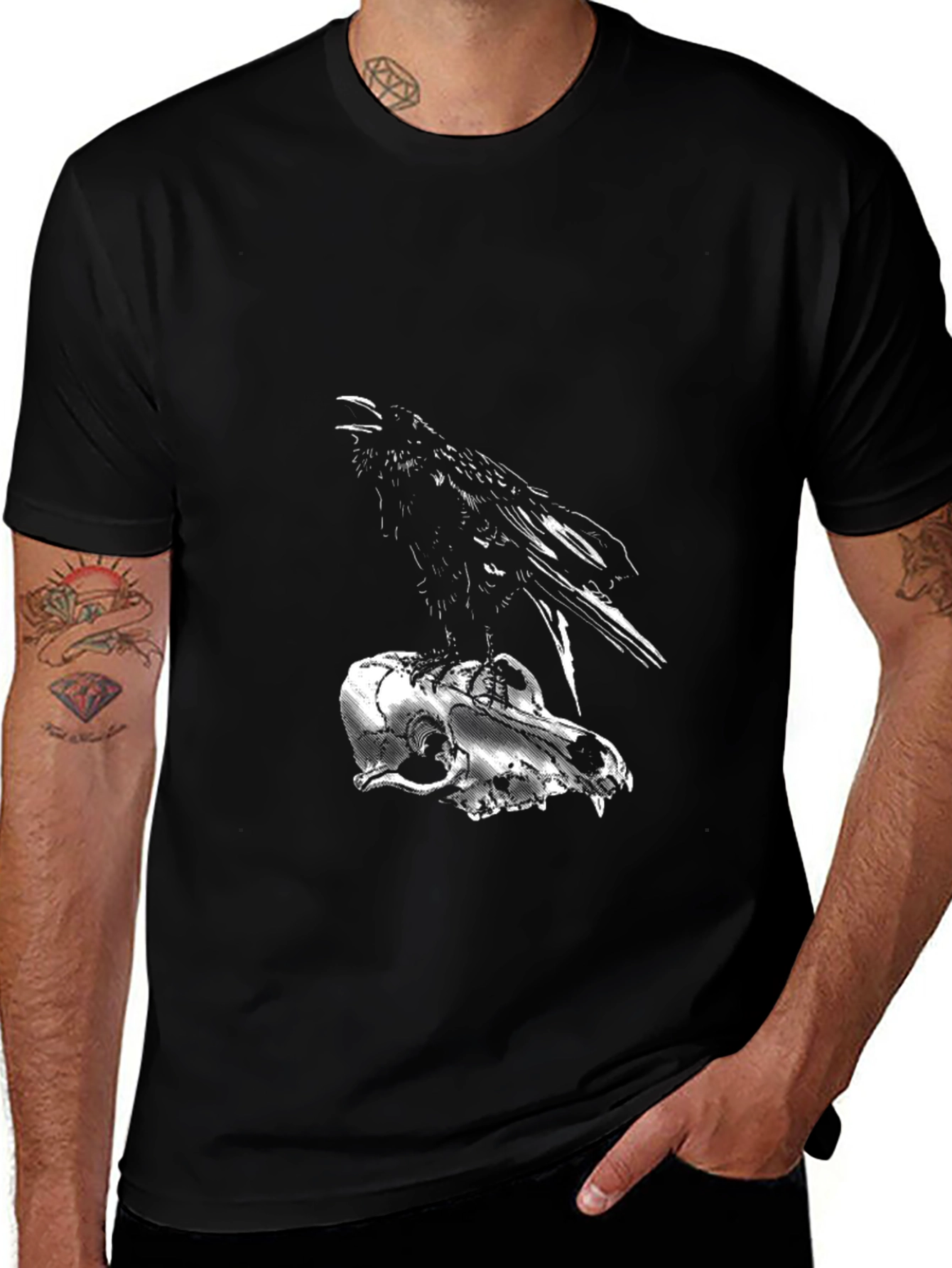 Raven on Skull Graphic Tee - Dark Gothic Style