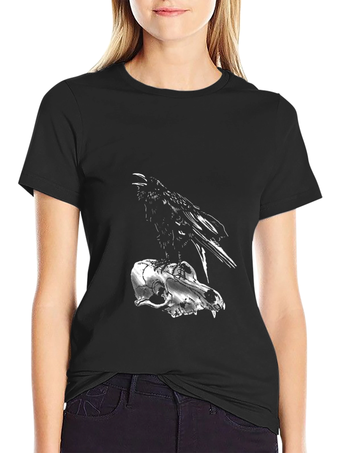 Raven on Skull Graphic Tee - Dark Gothic Style