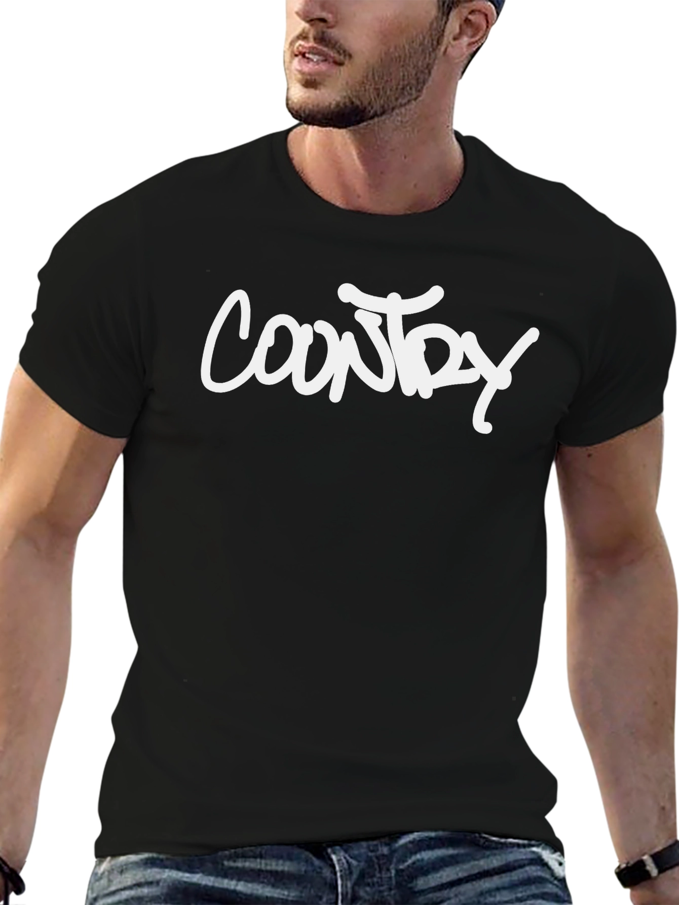 Country White Text Graphic Black T-Shirt