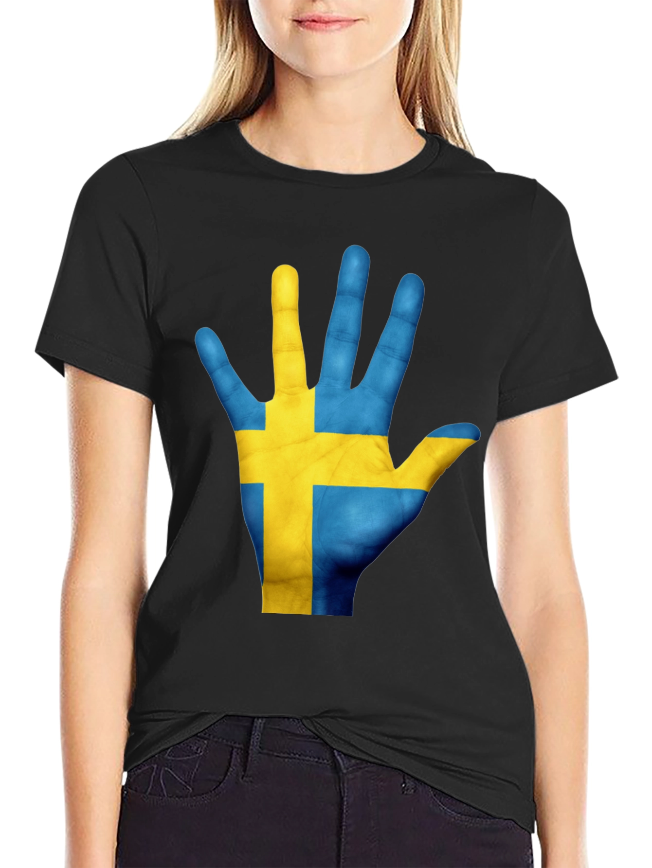 Sweden Flag Hand T-Shirt - Black