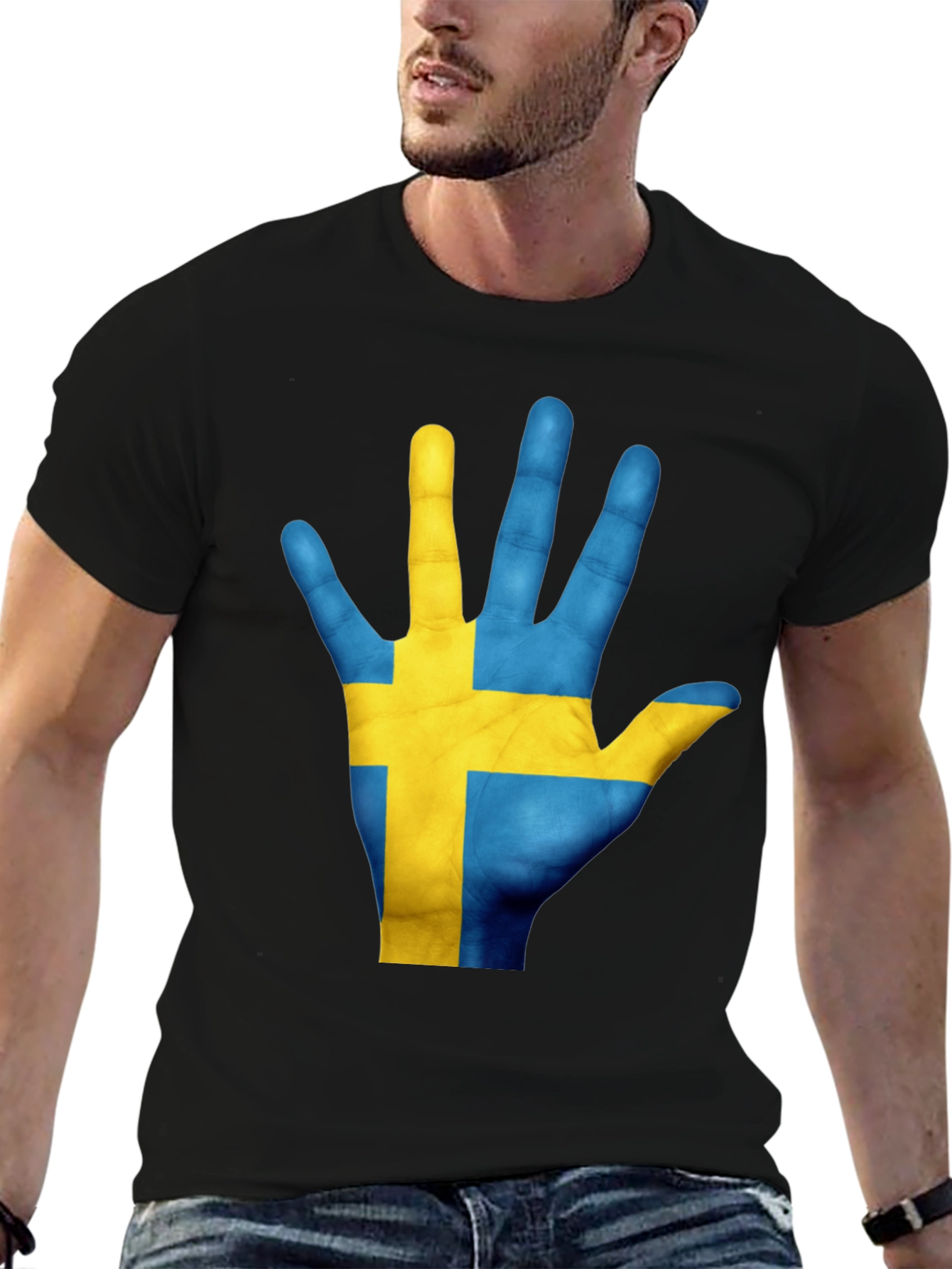Sweden Flag Hand T-Shirt - Black