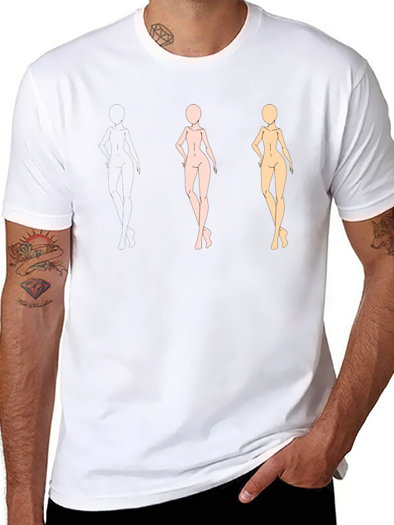 Trendy Black Tee with Figure Sketches