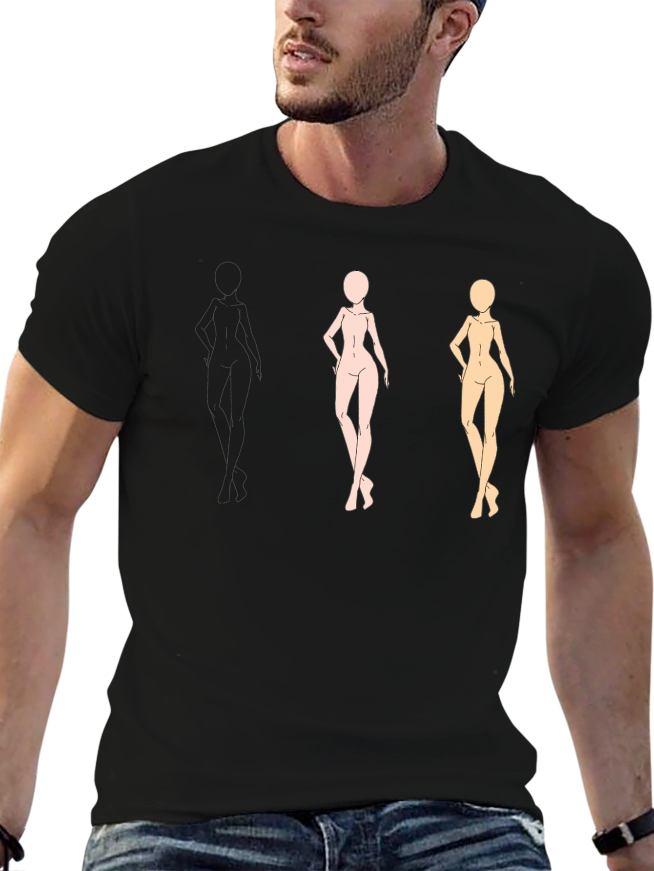 Trendy Black Tee with Figure Sketches
