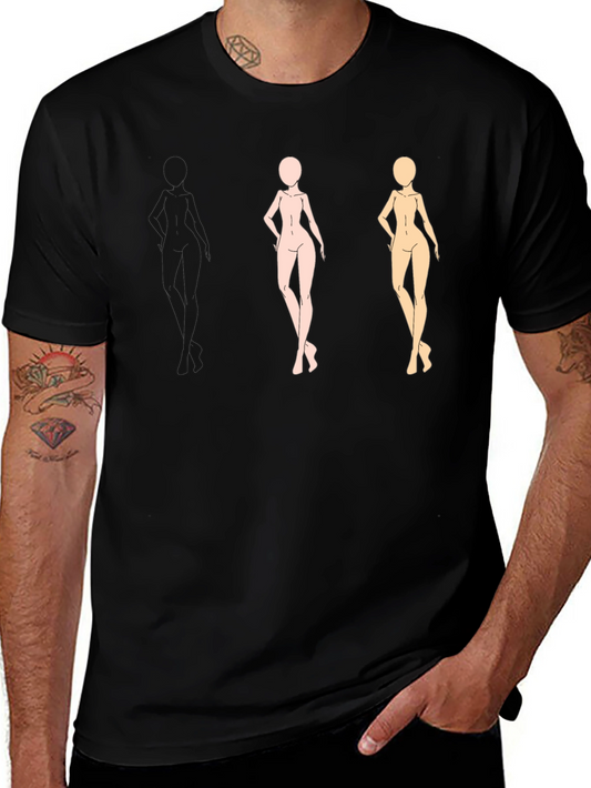 Trendy Black Tee with Figure Sketches