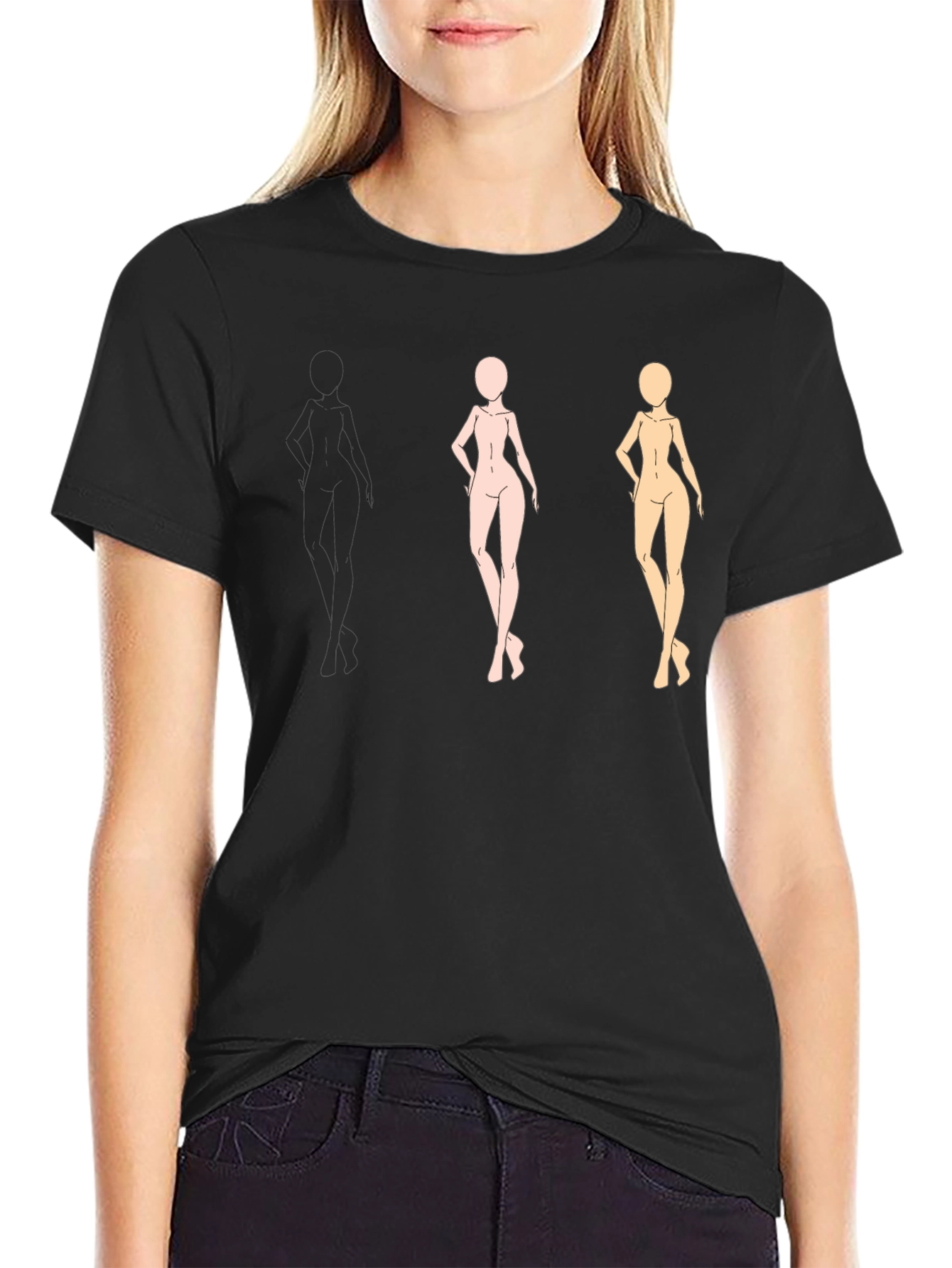 Trendy Black Tee with Figure Sketches