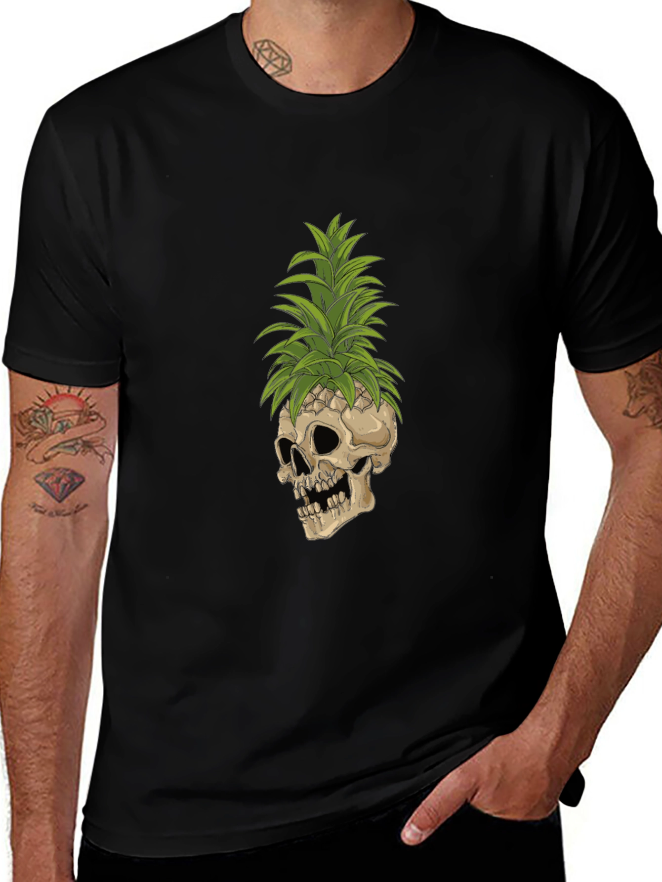 Skull Pineapple Graphic Tee - Black Cotton T-Shirt