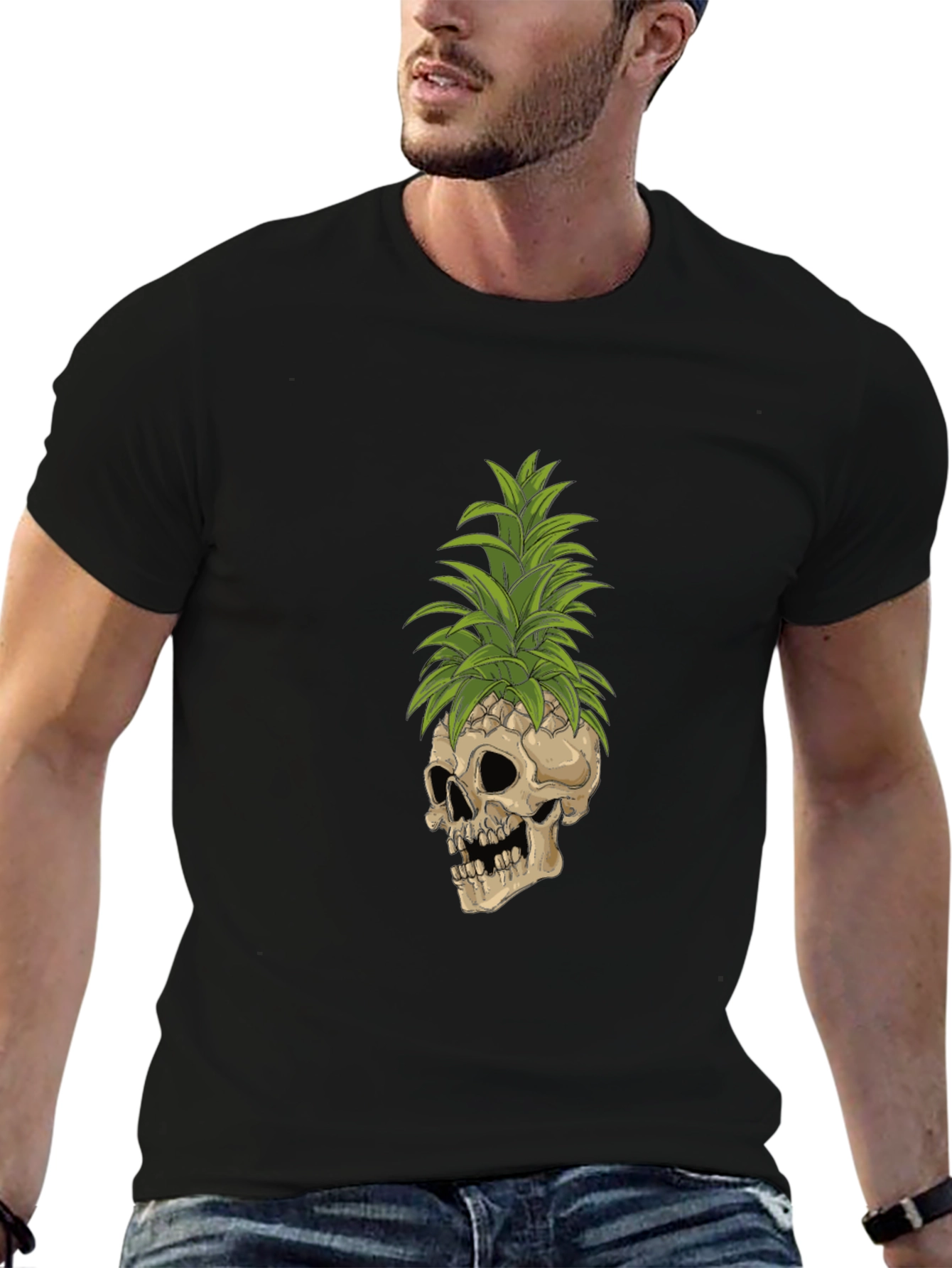 Skull Pineapple Graphic Tee - Black Cotton T-Shirt