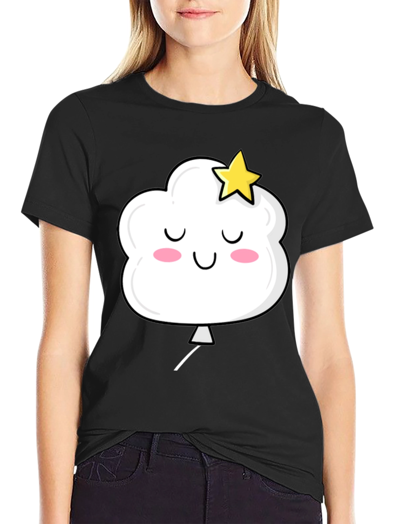 Cute Cloud and Star Graphic Black T-Shirt