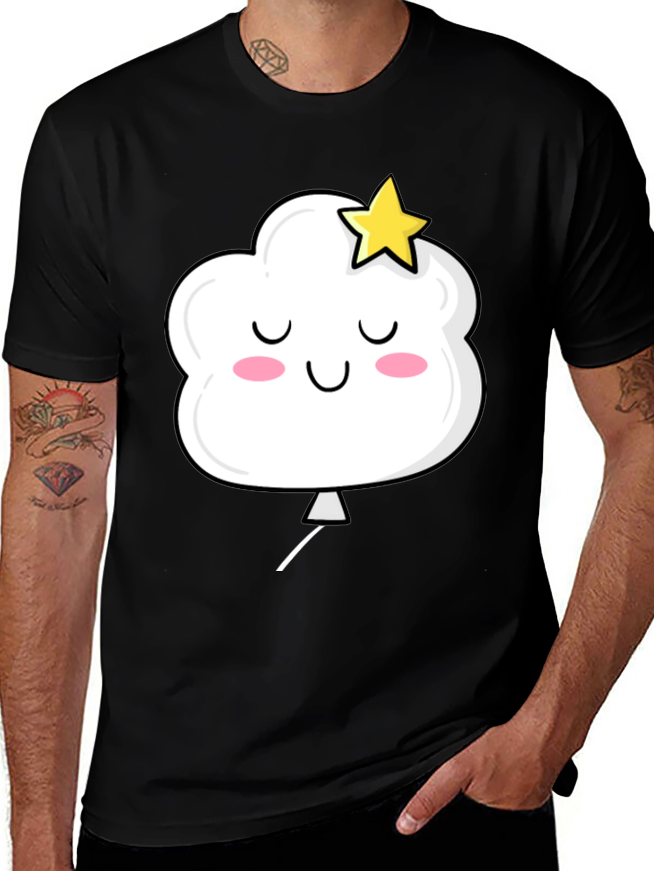 Cute Cloud and Star Graphic Black T-Shirt