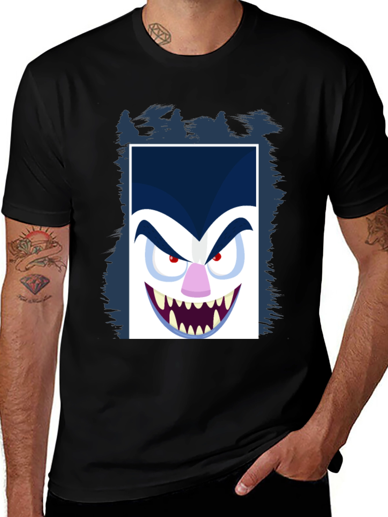 Cartoon Vampire Face Graphic Black Tee