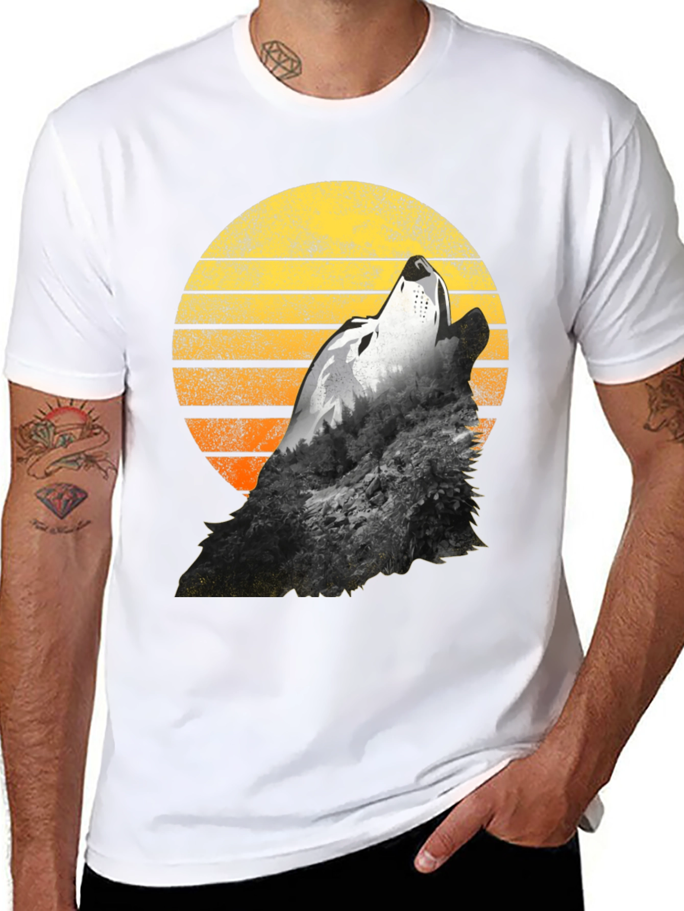 Wolf Howling Sunset Graphic T-Shirt - Black