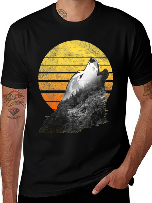 Wolf Howling Sunset Graphic T-Shirt - Black