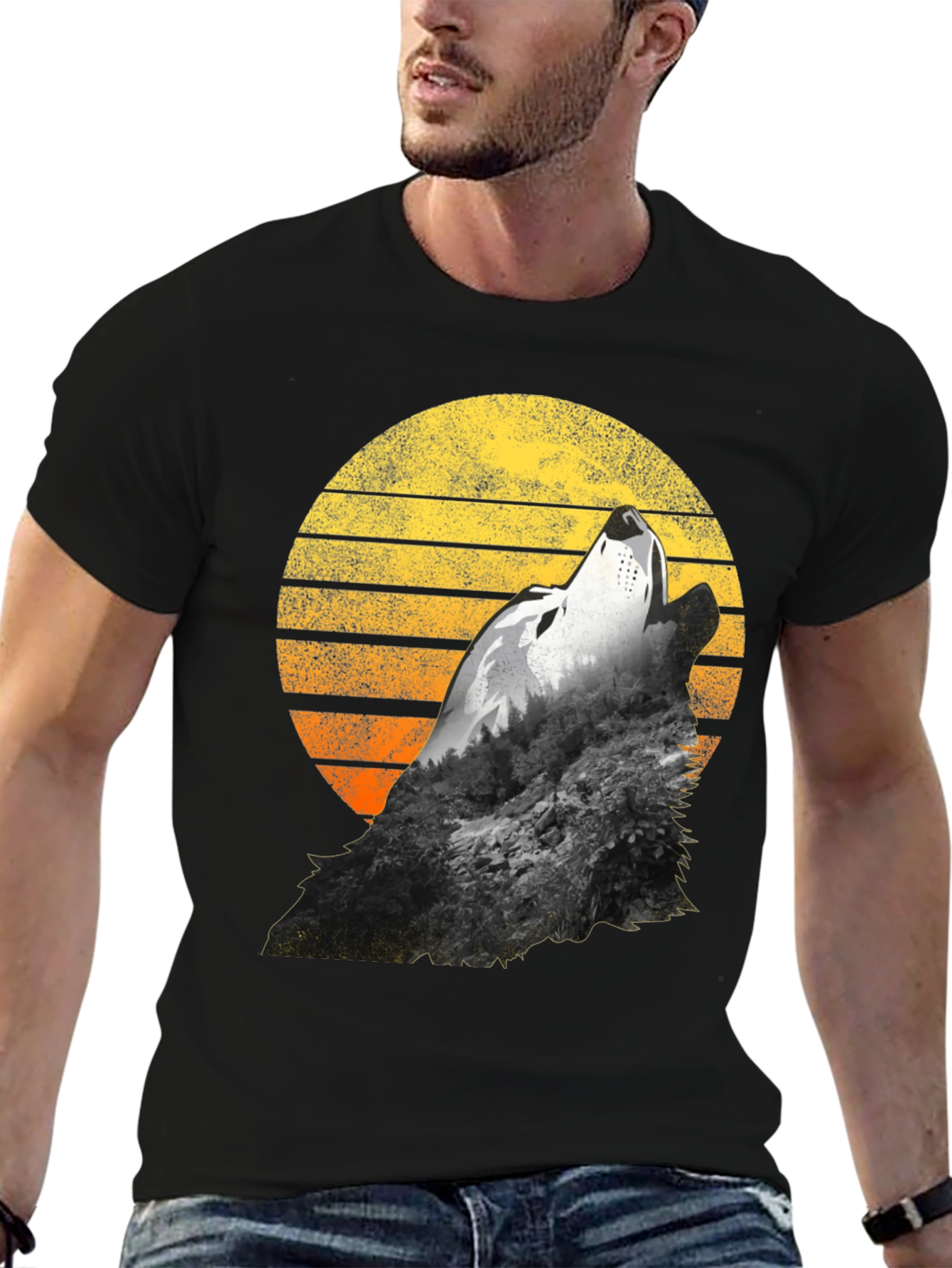 Wolf Howling Sunset Graphic T-Shirt - Black