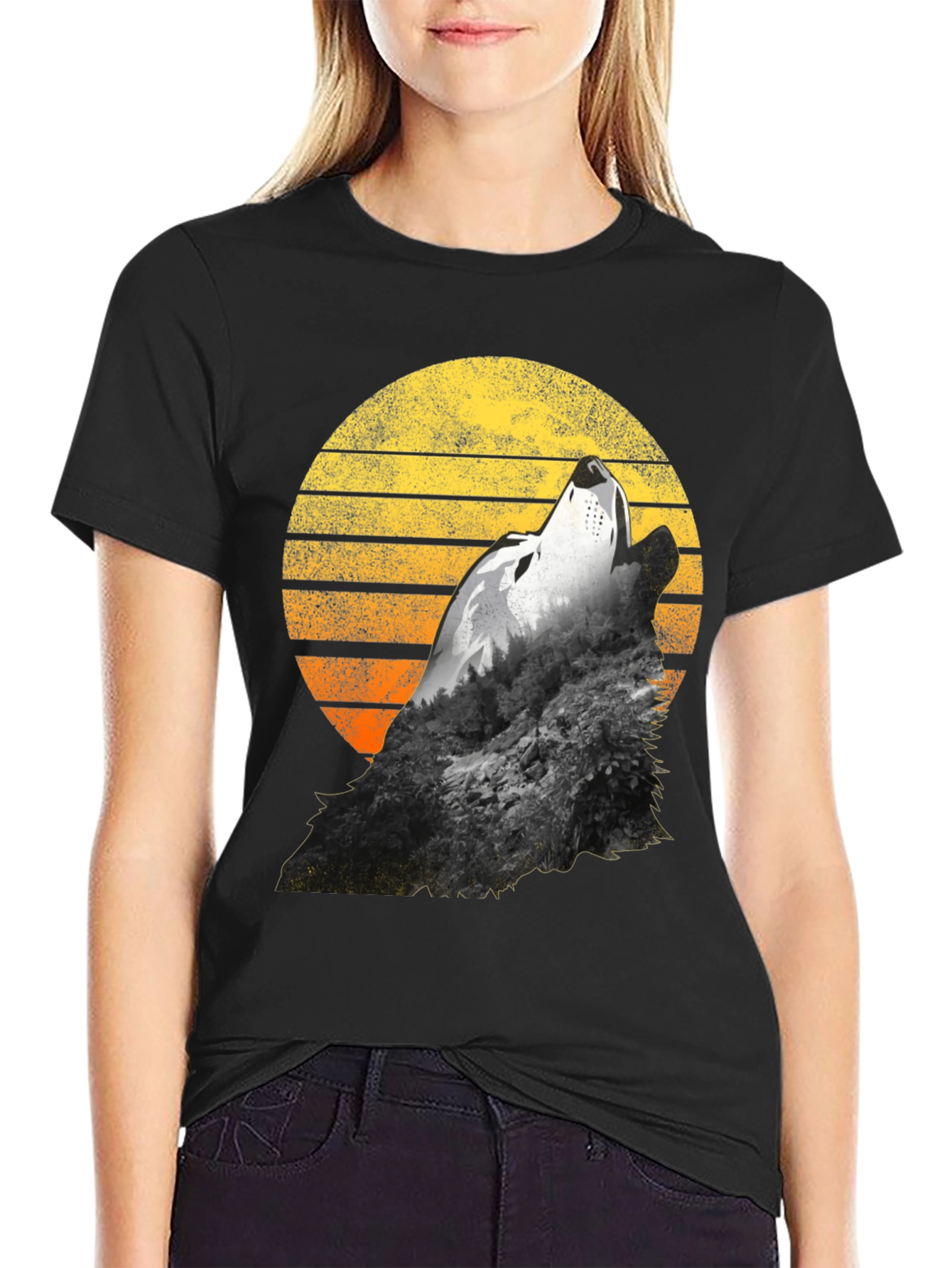 Wolf Howling Sunset Graphic T-Shirt - Black