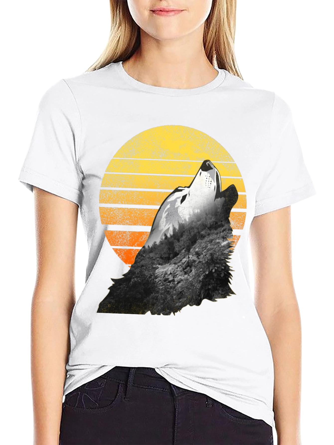Wolf Howling Sunset Graphic T-Shirt - Black