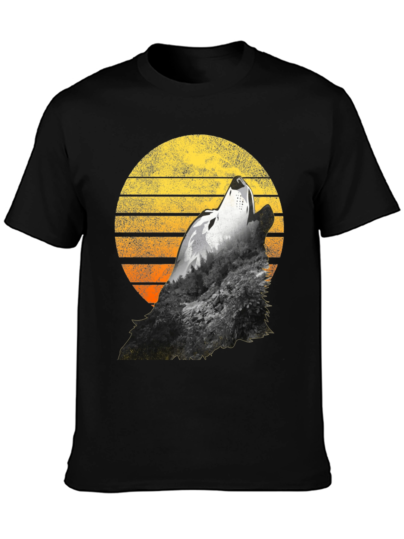 Wolf Howling Sunset Graphic T-Shirt - Black
