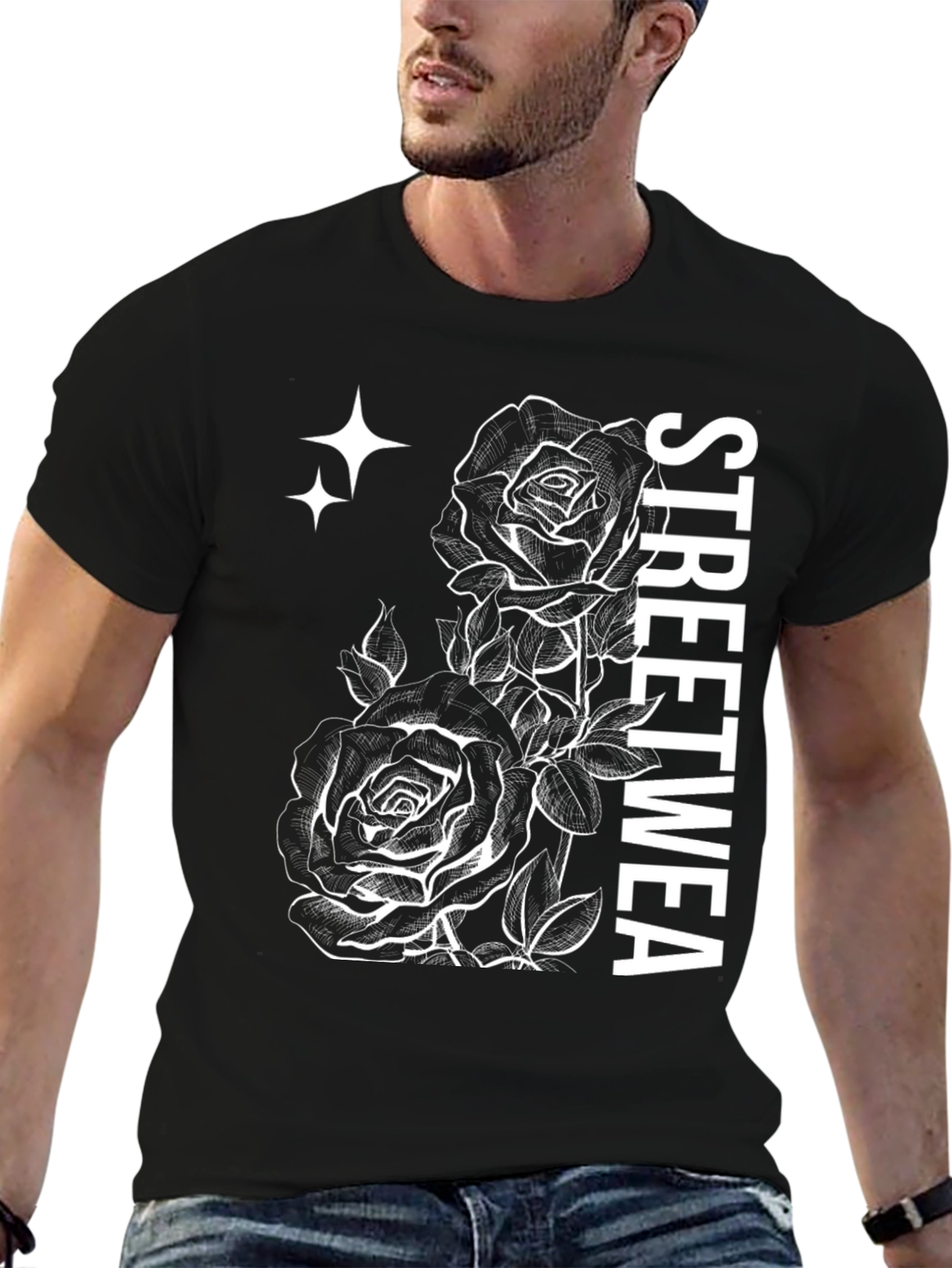 Streetwear Rose Graphic T-Shirt - Black