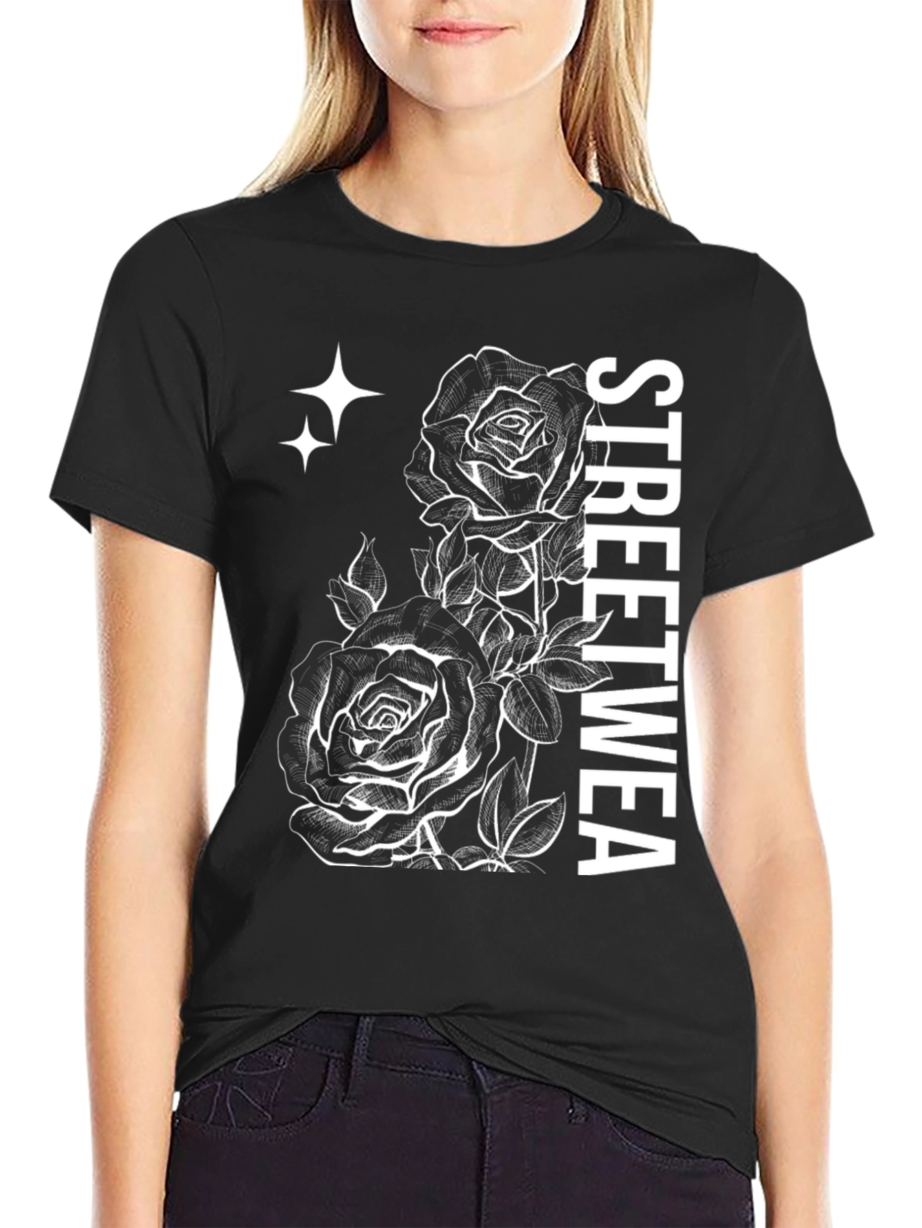 Streetwear Rose Graphic T-Shirt - Black