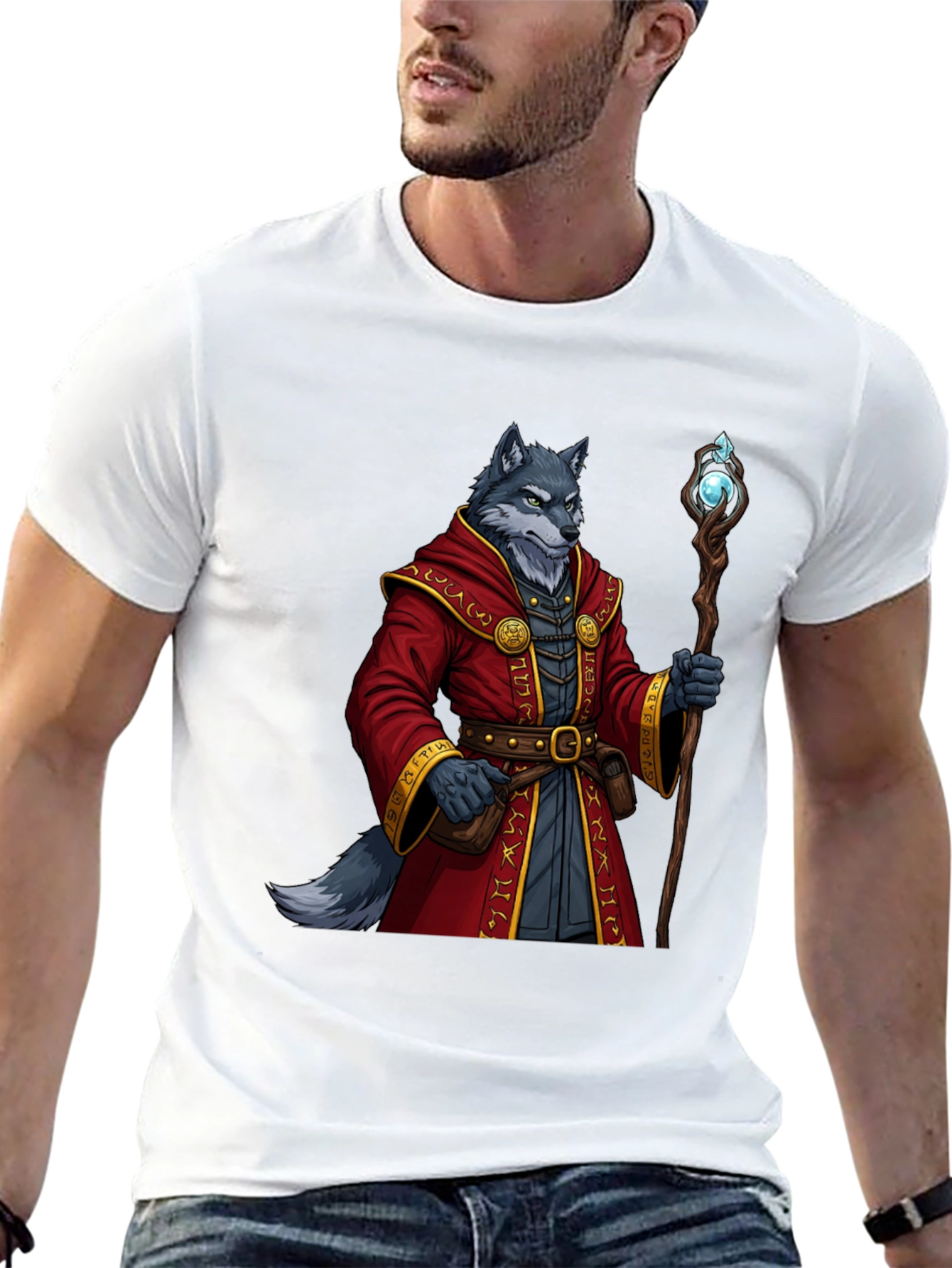 Wolf Wizard T-Shirt - Fantasy Mage Design