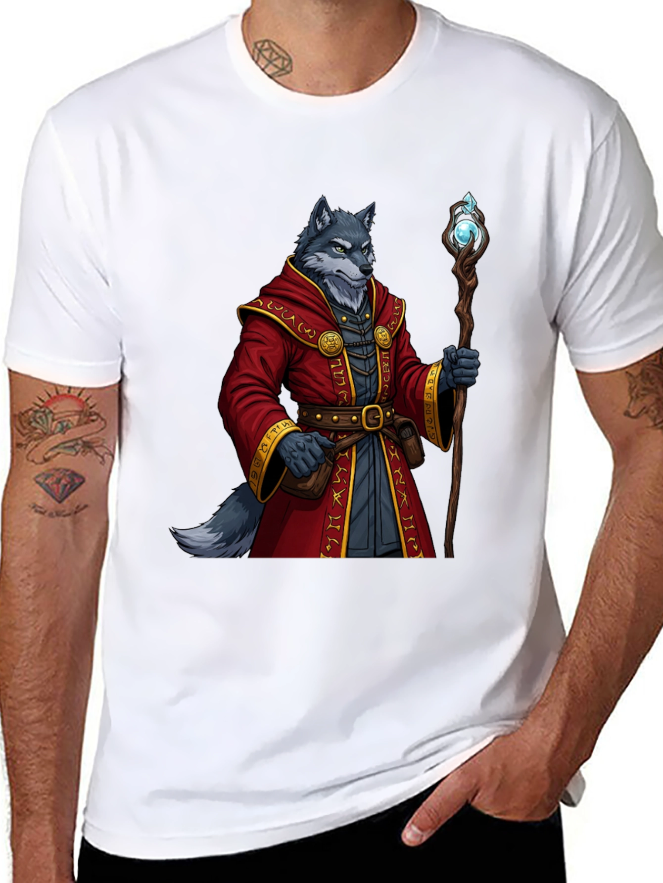 Wolf Wizard T-Shirt - Fantasy Mage Design